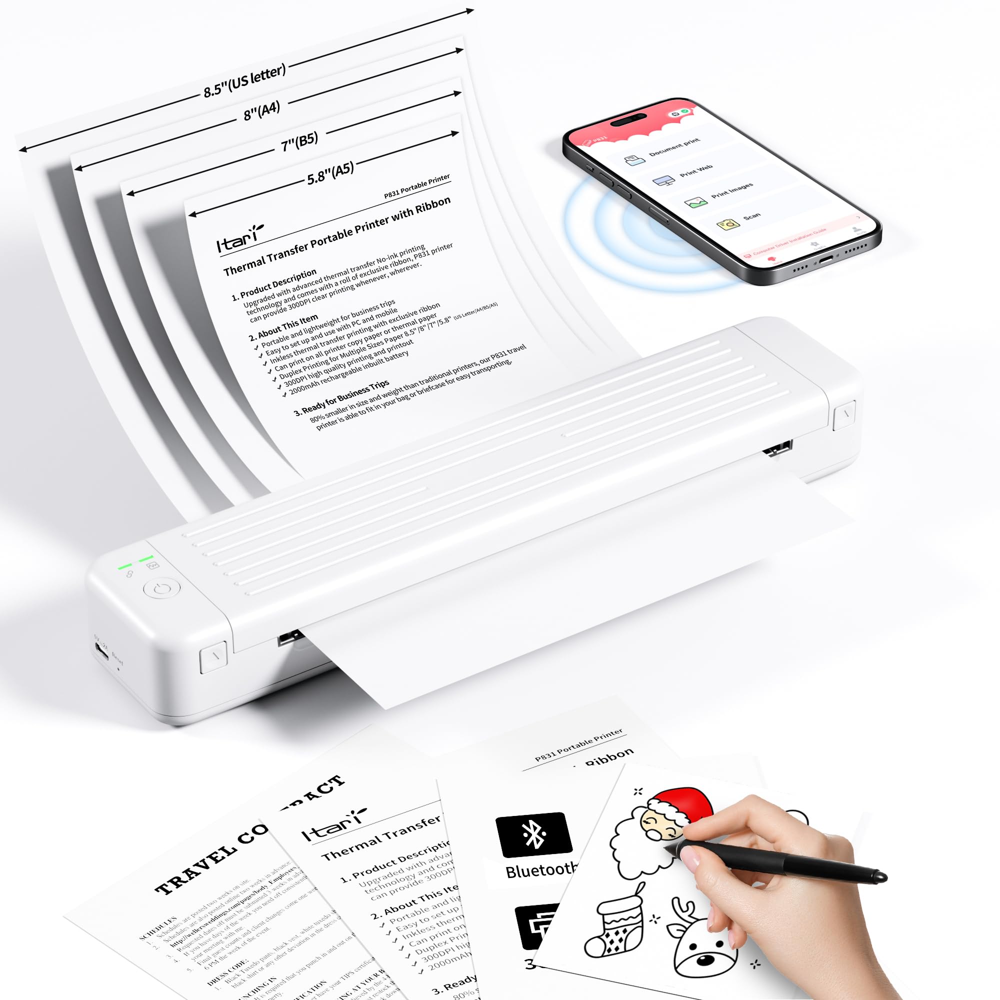 Itari Inkless Wireless Bluetooth Printer - Upgraded 300DPI Portable A4 Printer for Home & Office | Compact Thermal & Normal Paper Printer for Receipts, Labels, Documents | Works with iOS & Android Devices