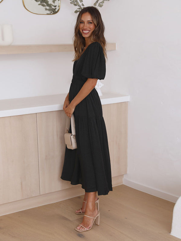 Elegant Women's Maxi Dress with Puff Sleeves - Flowy Summer Dress for Beach, Wedding & Party Occasions