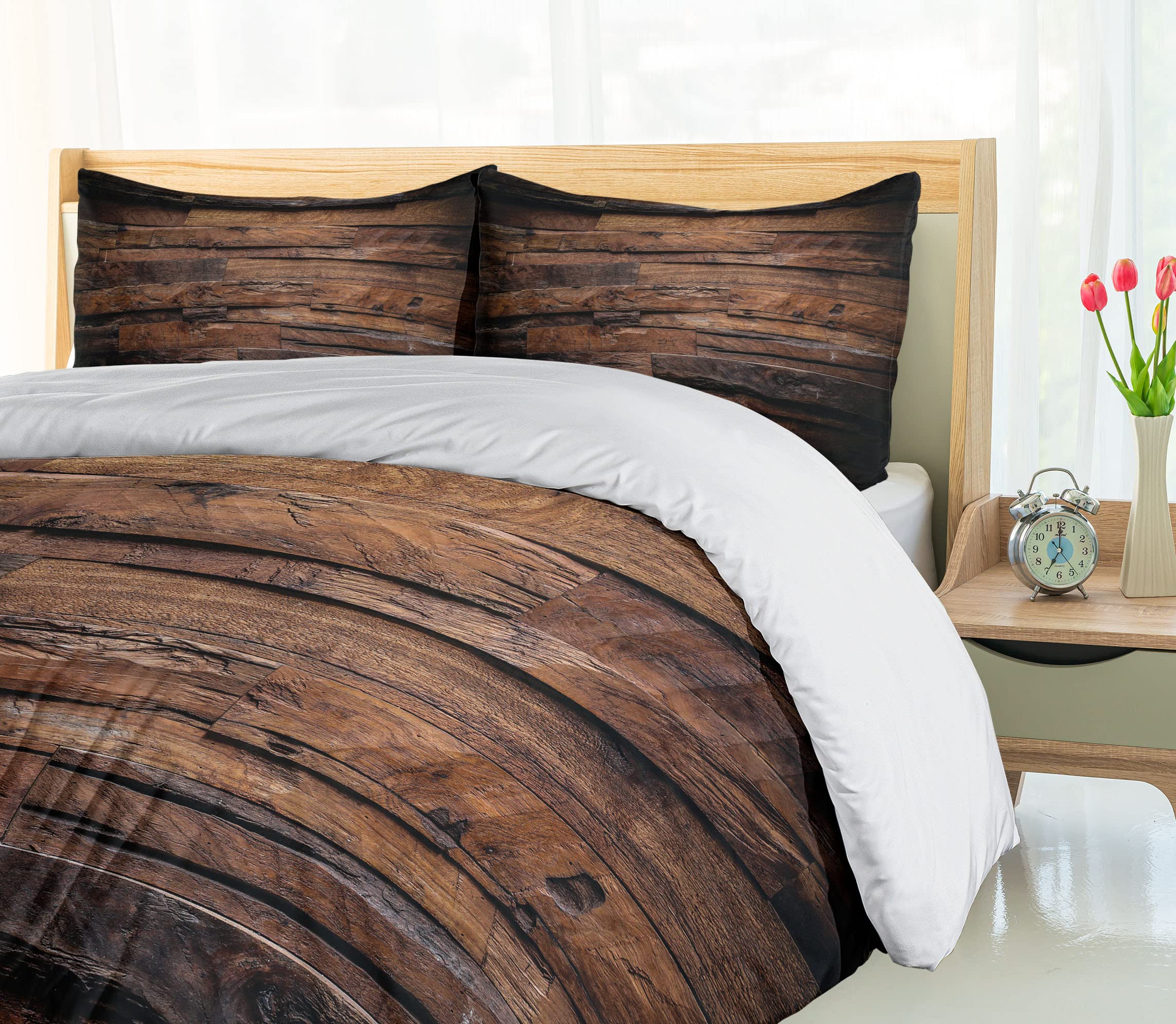 Ambesonne Chocolate Brown Duvet Cover Set - King Size 3 Piece Bedding with 2 Pillow Shams, Rustic Dark Timber Texture & Hardwood Carpentry Design for Cozy Country Bedroom Decor | Perfect for Farmhouse, Lodge or Cabin Style Homes
