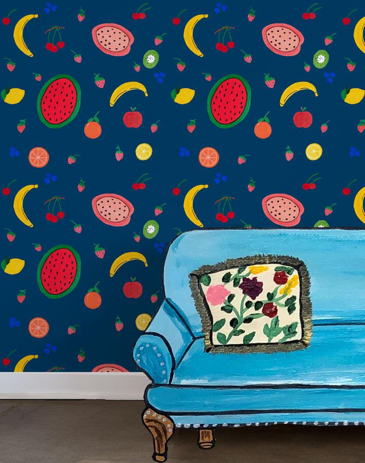 Fruit Punch Navy Blue Wallpaper by Carly Beck - Modern Peel & Stick Wallpaper for Bedroom, Living Room, and Nursery Decor