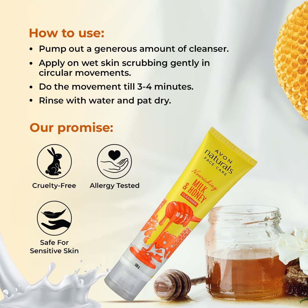 AVON Naturals Honey & Milk Nourishing Cleanser - Deep Hydration for Dry Skin | Rejuvenating Face Wash for Soft, Supple Skin | 100g | Perfect for Daily Skincare Routine & Post-Workout Refreshment