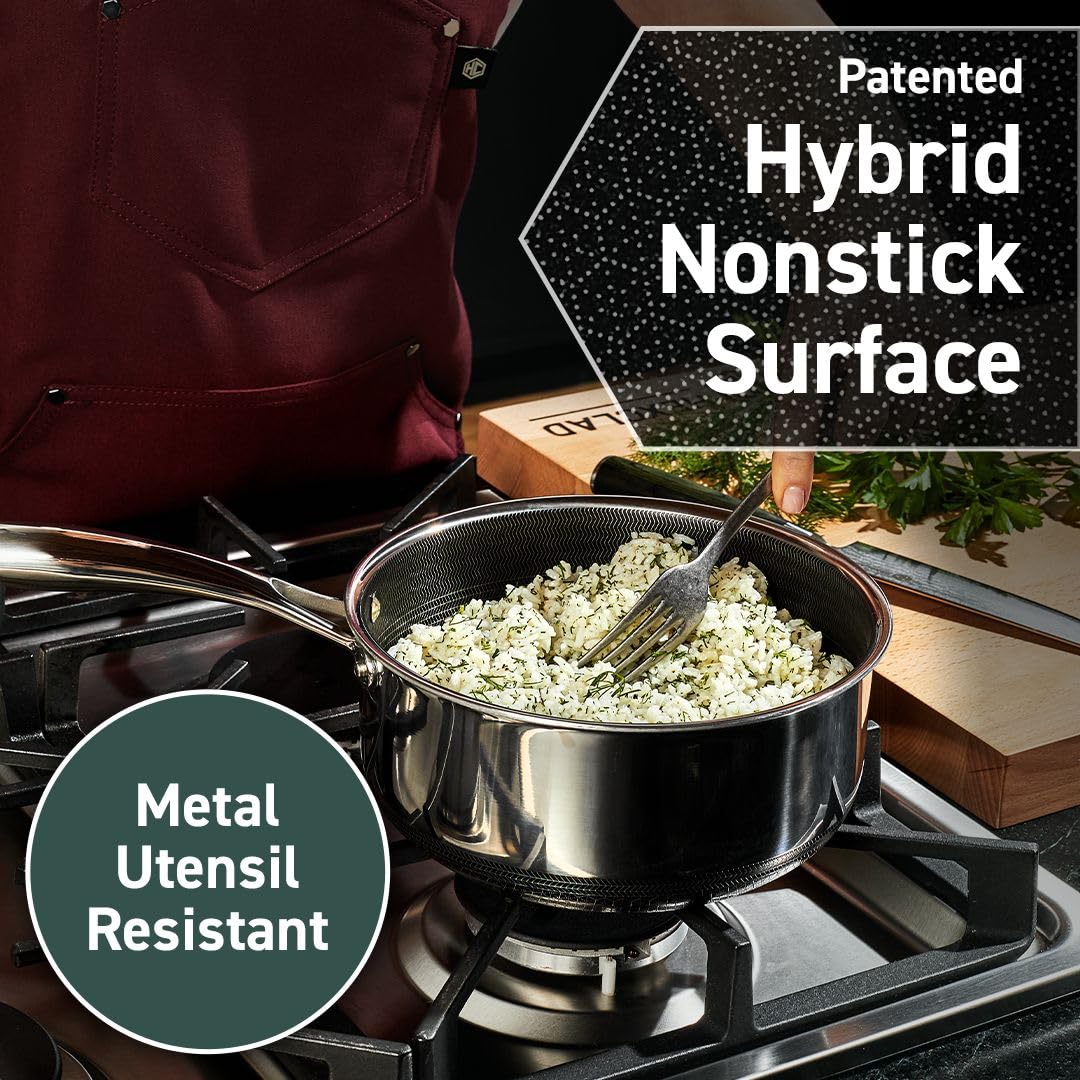 HexClad Hybrid Nonstick 6-Piece Cookware Set with 2 Silicone Trivets – Includes 2, 3 & 8-Quart Pots with Tempered Glass Lids, Stay-Cool Handles, Dishwasher Safe & Induction Compatible for All Stovetops – Perfect for Home Cooking, Meal Prep & Professional Kitchens