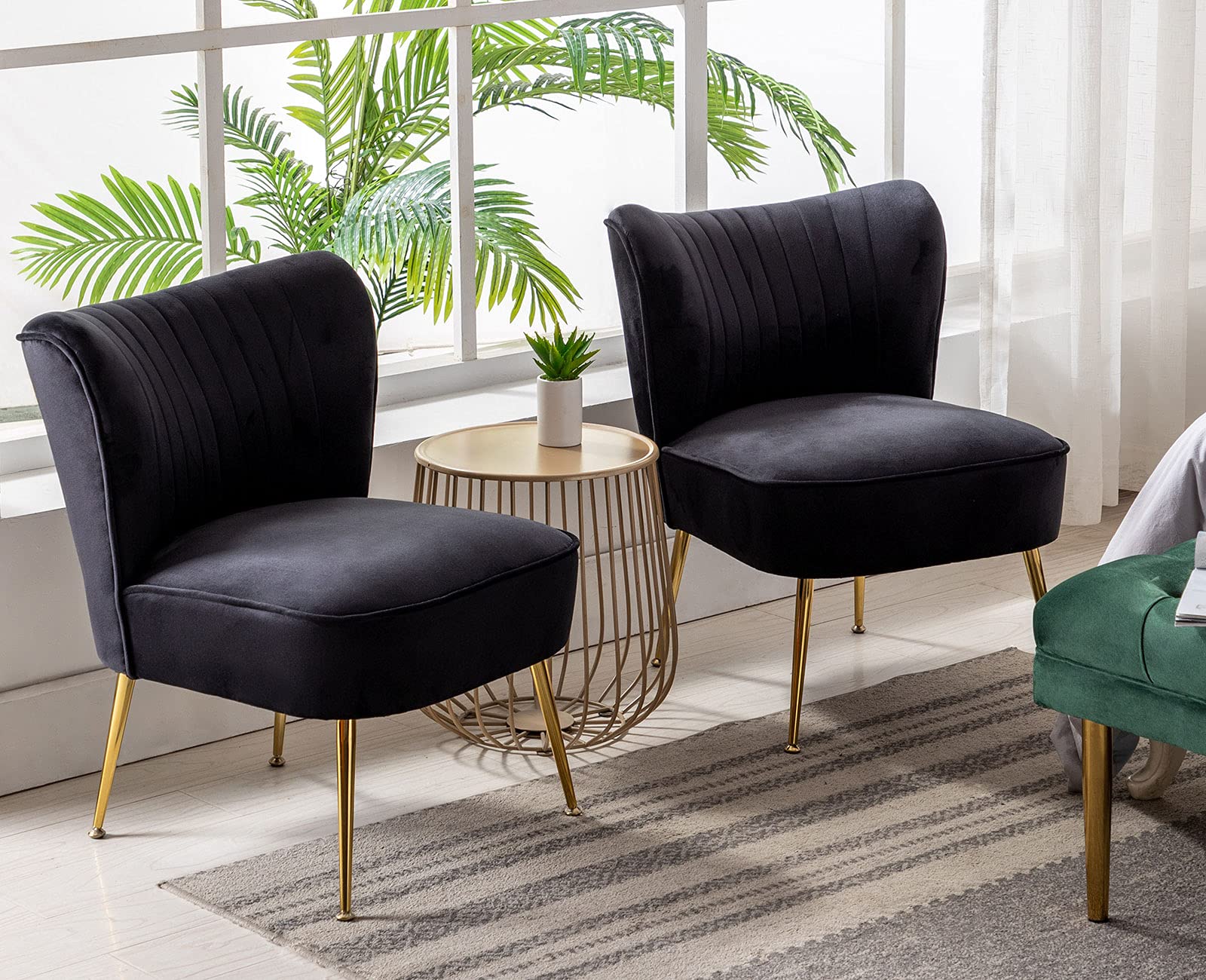 Velvet Accent Chairs Set of 2 - Mid-Century Modern Upholstered Side Chairs with Golden Legs, Armless Wingback Slipper Chairs for Living Room, Guest Room & Bedroom - Comfy Corner Seating for Home Decor, Black