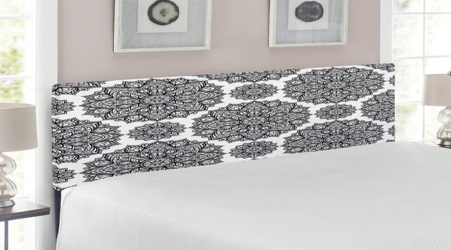 Ambesonne King Size Mandala Headboard - Symmetrical Oriental Lace Pattern Upholstered Metal Bed Headboard with Memory Foam in Black & White | Perfect for Bohemian & Modern Bedroom Decor