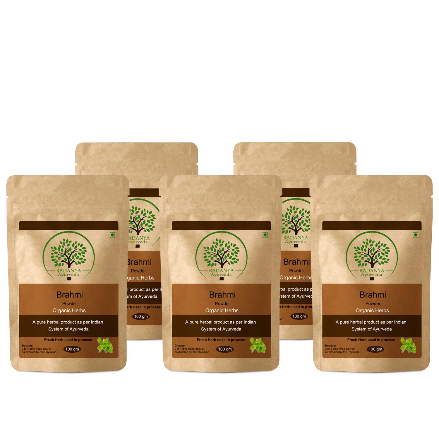 **Organic Brahmi Powder 100g (Pack of 5) - Pure Natural Herbal Supplement for Memory & Focus - Brain Booster, Stress Relief & Ayurvedic Wellness - Perfect for Tea, Smoothies & Daily Health Routine**