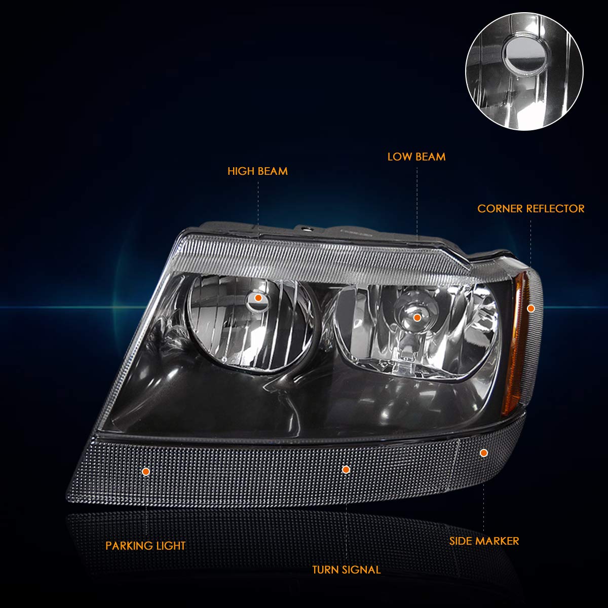 PM PERFORMOTOR Pair of Black Housing/Amber Corner Headlights Assembly Set - Compatible with 1999-2004 Jeep Grand Cherokee WJ - Durable Replacement for Off-Road & Night Driving
