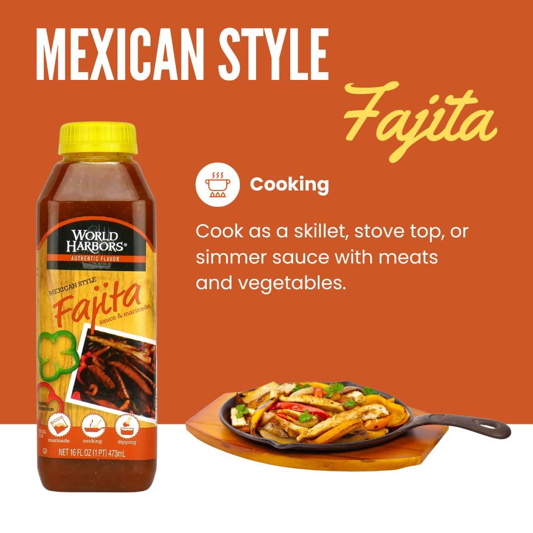World Harbors Authentic Mexican Fajita Marinade Sauce - 16 fl oz Bottles (6-Pack) - Perfect for Grilling, Marinating Steak, Chicken & Veggies - Restaurant Quality Flavor at Home