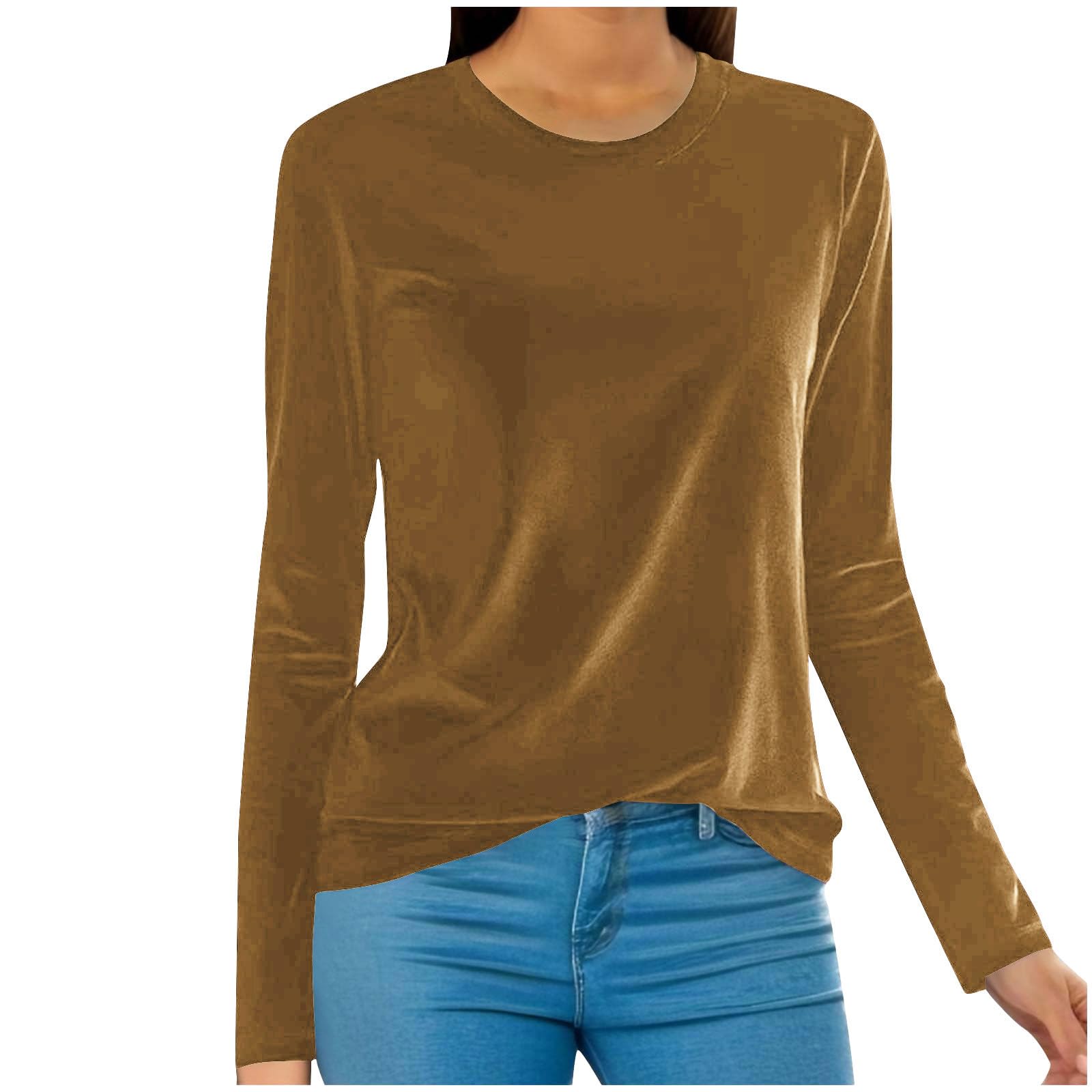 2024 Fashion Women's Fall Long Sleeve Velvet Shirt - Elegant Crew Neck Solid Color T-Shirt for Casual Wear, Office Outfits & Going Out Tops