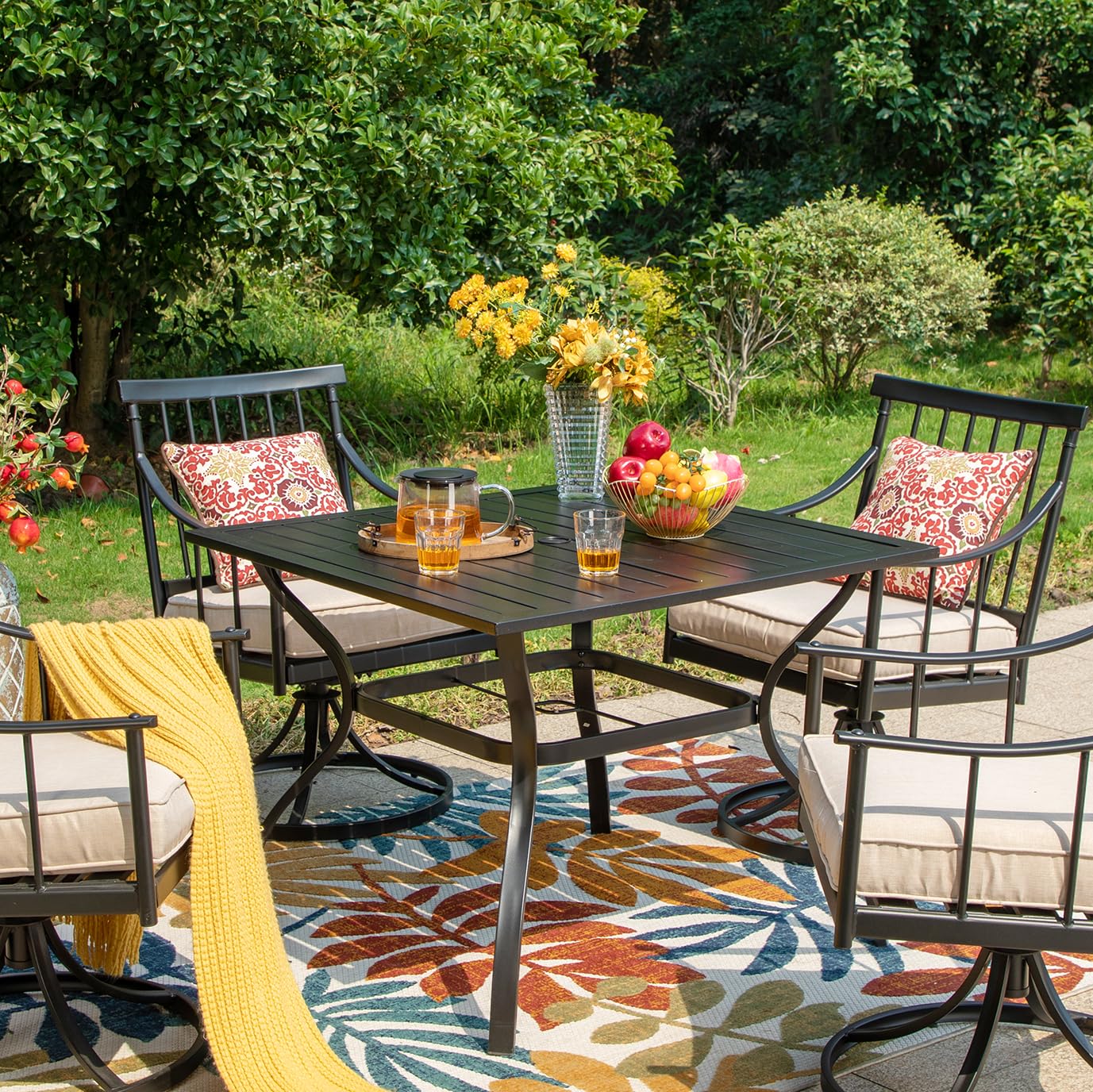 PHI VILLA 37 Inch Square Outdoor Dining Table for 4 - Weather-Resistant Metal Patio Table with E-Coating, Steel Slatted Design & 1.57