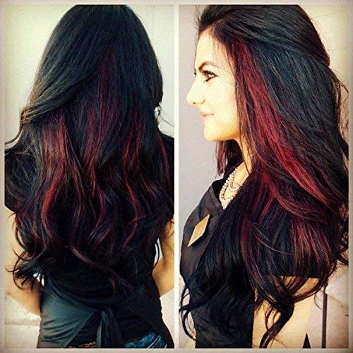 Premium Synthetic Hair Extensions for Women - 5 Clip-in Full Head Wavy/Curly Wig (4.6oz) - Maroon Highlighter Color | Perfect for Parties, Weddings & Daily Styling