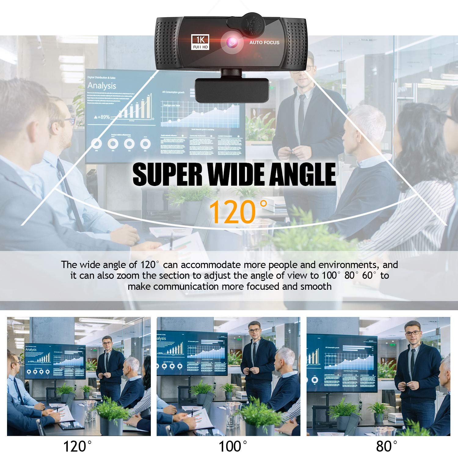 1080p Full HD Webcam with Built-in Microphone, Auto Focus & 120° Wide Angle - Tripod Stand & Privacy Cover Included for Zoom, Skype, FaceTime - Perfect for Video Conferencing, Online Classes & Remote Work