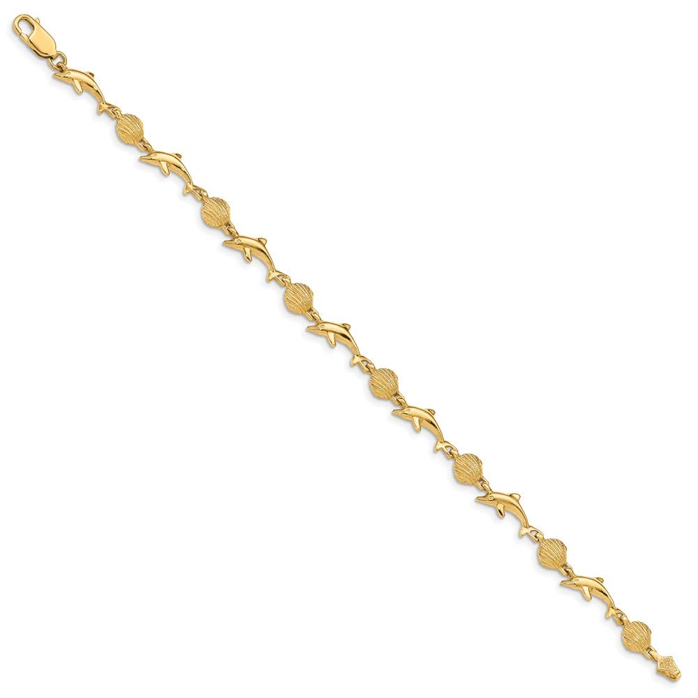 14K Solid Yellow Gold Dolphin and Shell Charm Bracelet - Perfect for Beach Vacations, Summer Outfits, and Gift Giving