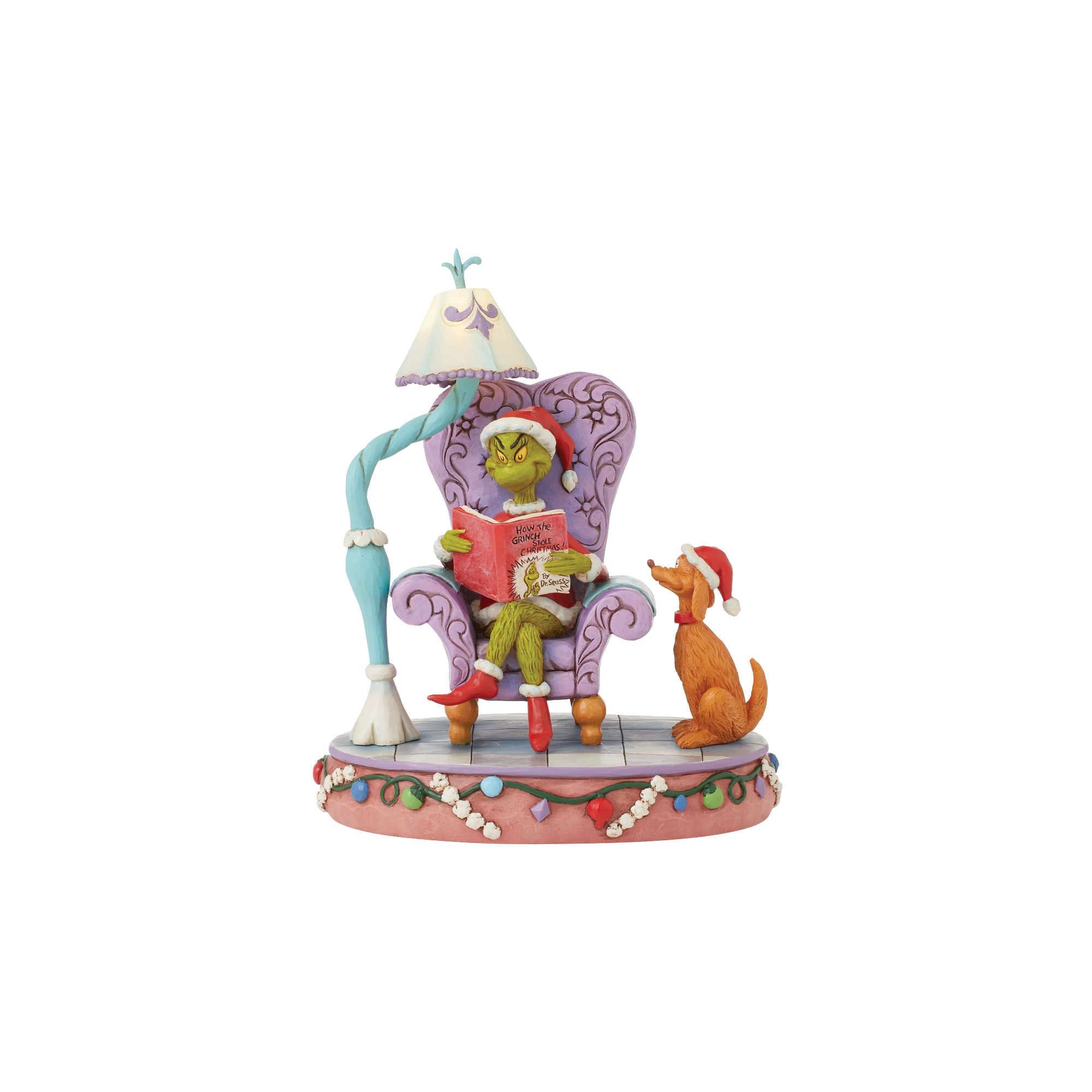 Grinch in Chair with Lamp - Festive Christmas Decor for Home, Office & Holiday Parties - Perfect for Xmas Tree, Mantel & Gift Giving