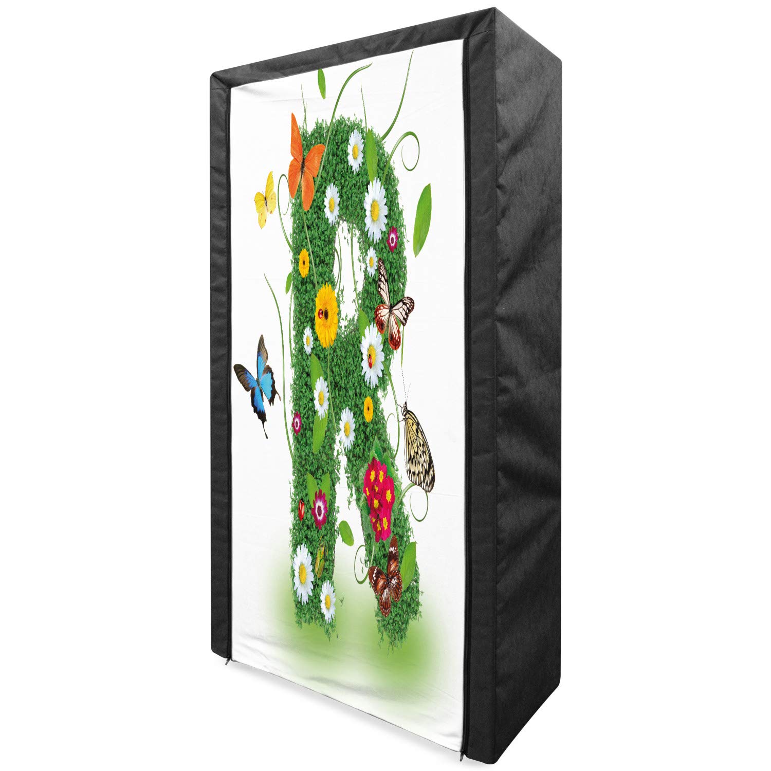 Ambesonne Letter R Fabric Wardrobe - Portable Clothing Organizer with Shelves, 33.5 Inch, Green Multicolor Floral Design with Wildflowers, Daisies, Butterflies - Perfect for Bedroom, Closet, Dorm Storage & Home Organization