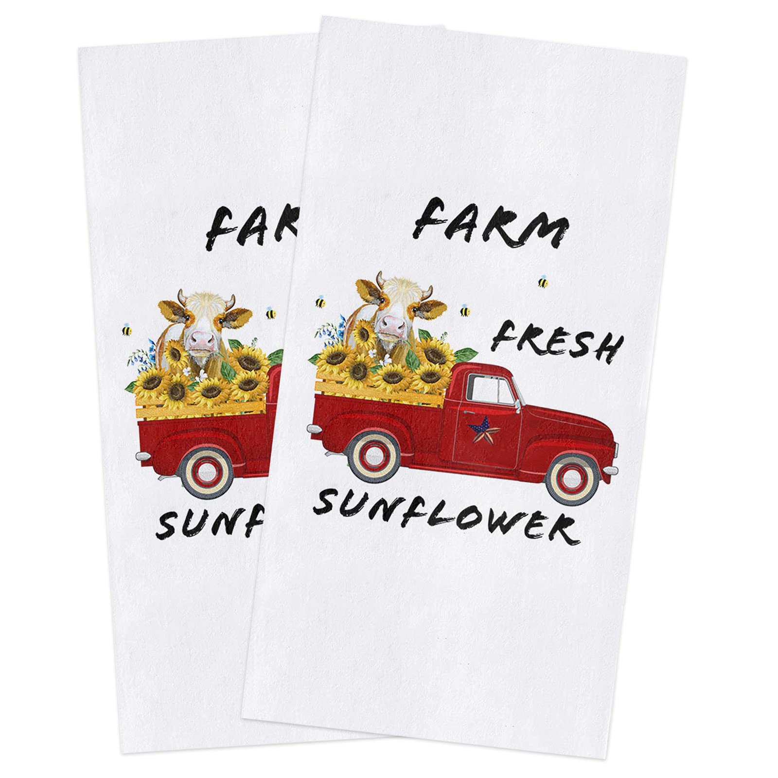 Amaze-Home 2-Pack Cow & Sunflower Truck Print Microfiber Kitchen Dish Towels - 18x28 Inch Ultra Absorbent, Soft & Lightweight Hand & Tea Towels for Kitchen, Bathroom - Perfect for Drying Dishes, Cleaning Countertops & Farmhouse Decor