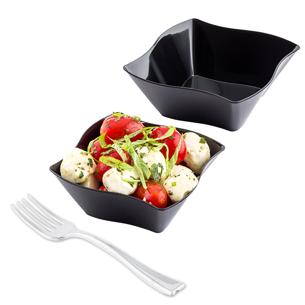 100-Pack 6 oz Square Black Plastic Aqua Bowls with 100 Silver Mini Forks - Perfect for Party Appetizers, Catering, and Picnic Serving