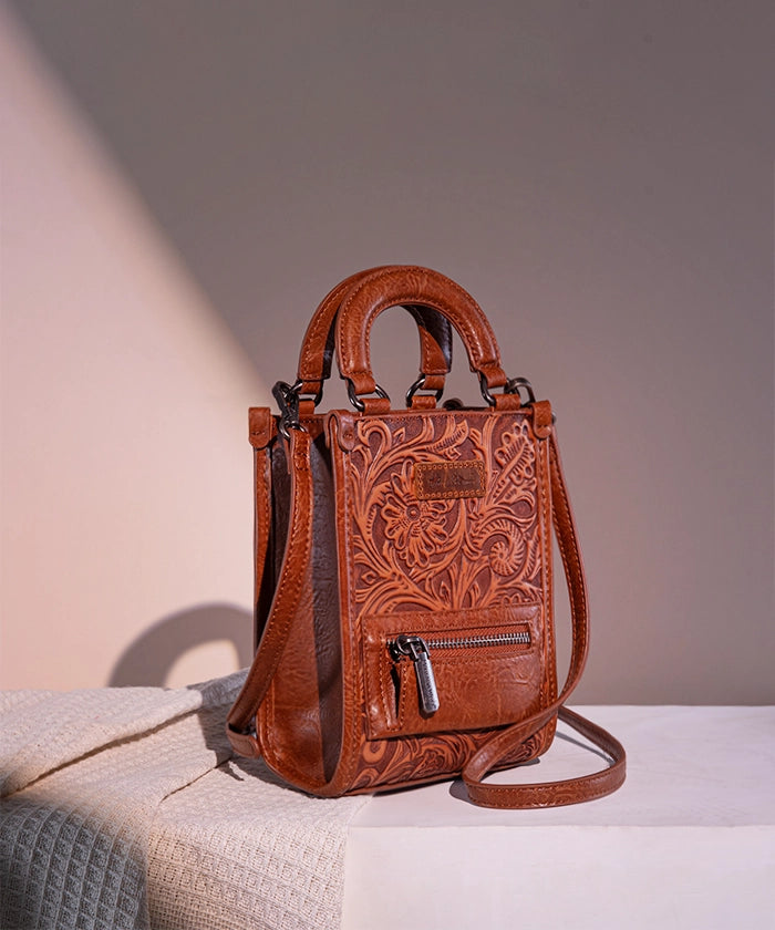 Montana West Genuine Leather Tooled Mini Crossbody Purse for Women - Stylish & Compact Handbag for Daily Use, Travel, and Casual Outings