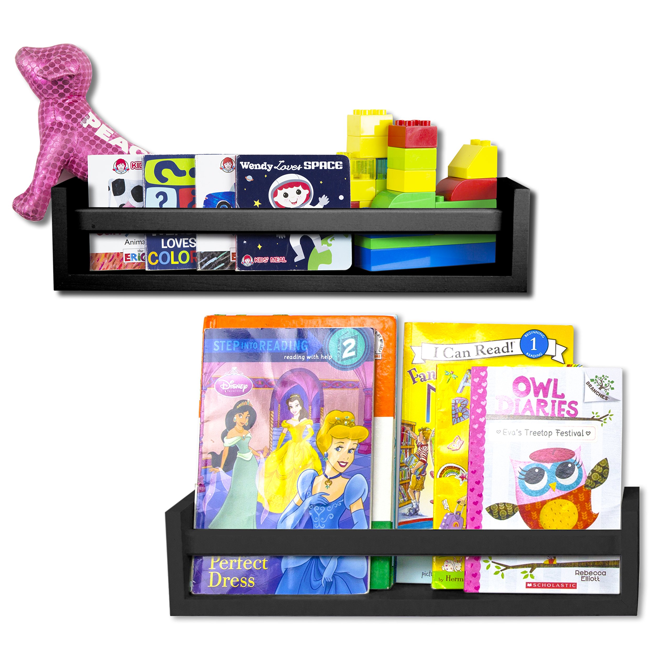 Wallniture Utah Floating Shelves Set of 2 - Modern Wood Wall Shelves for Kids Books, Picture Frames & Nursery Decor - Black - Perfect for Bedroom, Living Room & Home Organization