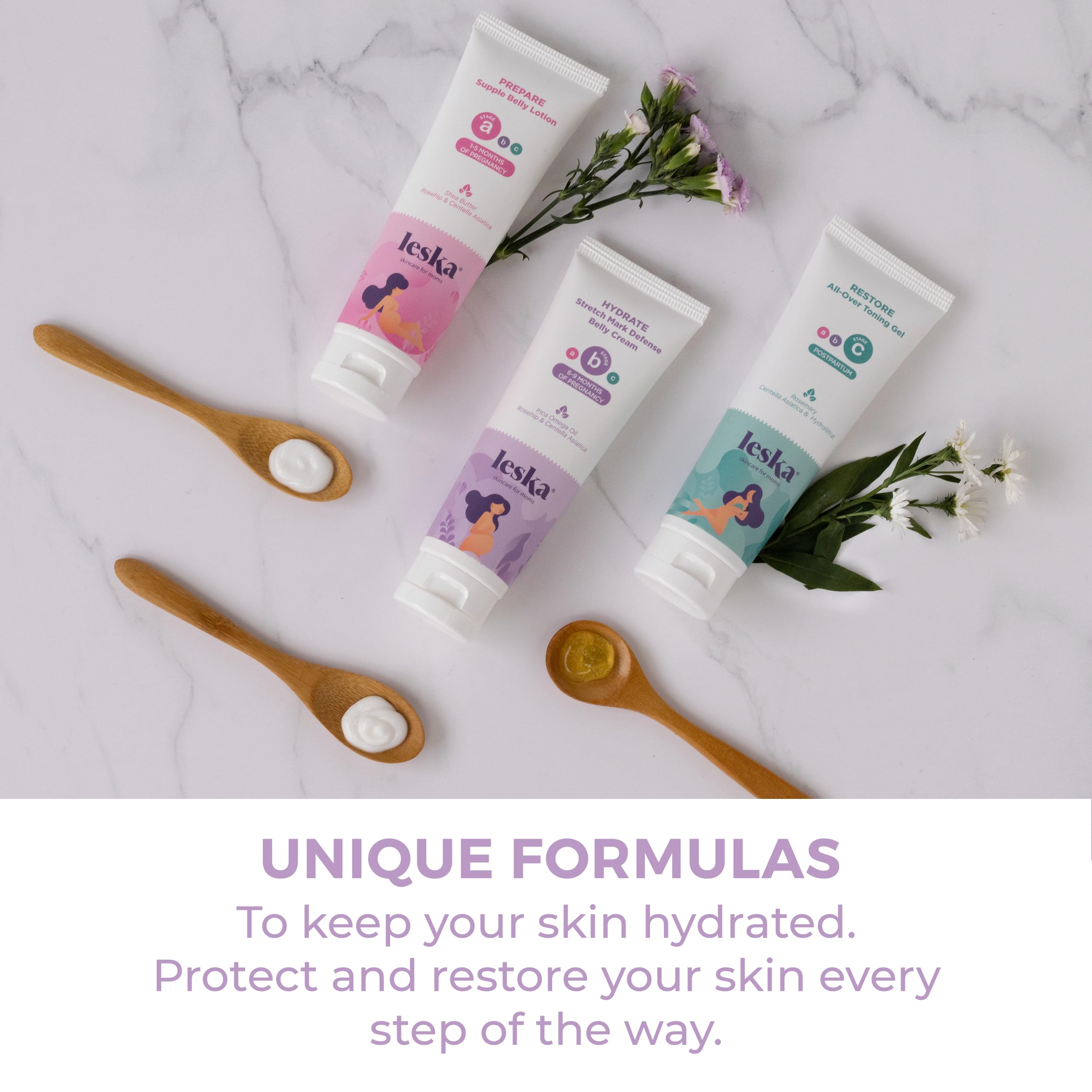 Leska Maternity Skincare Set - Stretch Mark Cream, Belly Butter & Toning Gel for Pregnancy & Postpartum Care | 3-Piece 4oz Kit for All Trimesters | Perfect New Mom Gift for Dry Skin Relief & Body Hydration | Use During Pregnancy, After Delivery & Nursing Period