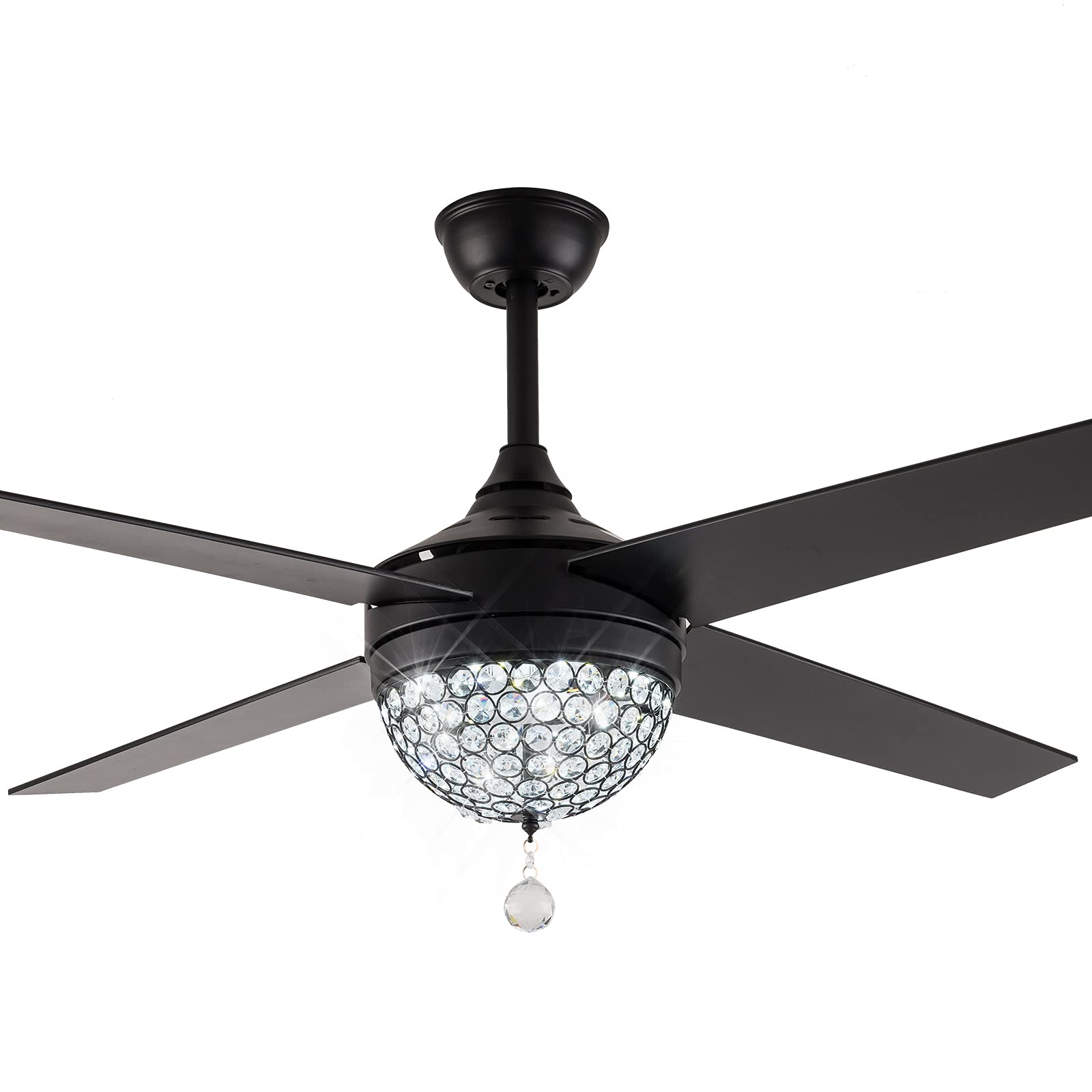 42 Inch Black Ceiling Fan with Lights and Remote Control - Industrial Crystal Chandelier Fan Light Kit - Smart Farmhouse Indoor Ceiling Fan with 4 Wood Blades & 3-Color LED Fandelier - Perfect for Living Room, Bedroom, Dining Room and Office Spaces
