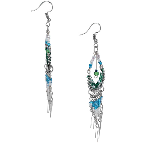 Stainless Steel Peruvian Light Green Silk Thread Beaded Dangle Earrings - Handmade Boho Jewelry for Women, Party & Wedding Accessories