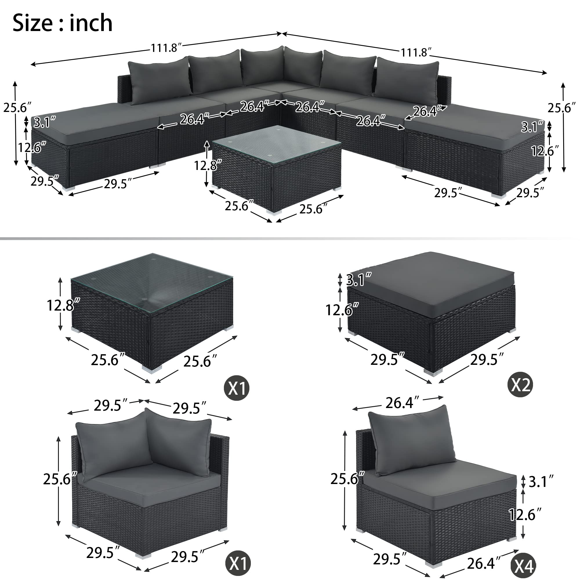 Harper & Bright Designs 8-Piece Outdoor Patio Furniture Set - Wicker Sofa Set with Gray Cushions & Black Wicker Frame - Perfect for Garden, Backyard, and Poolside Relaxation