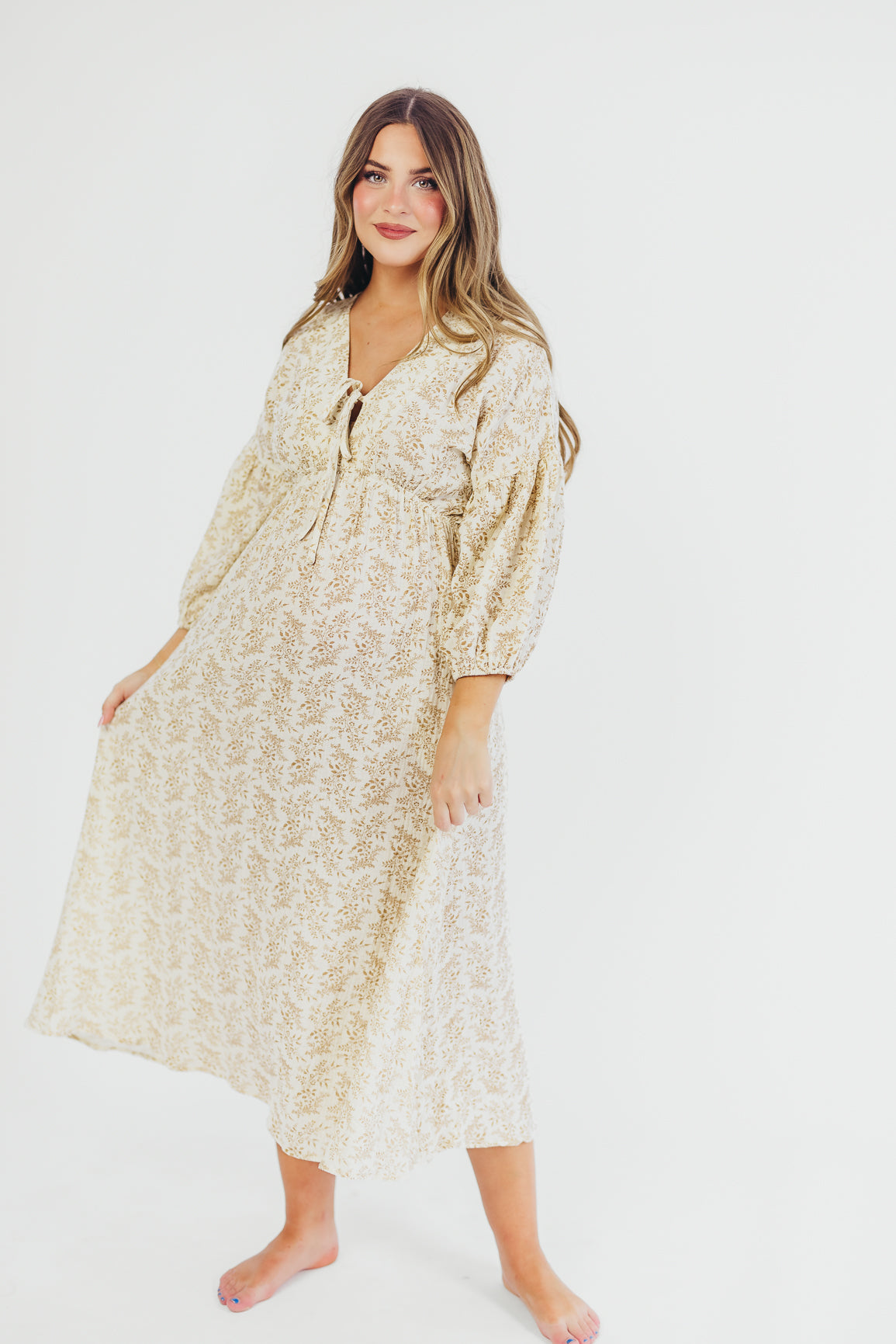 Hunter 100% Cotton Gauze Midi Dress - Breezy Floral Print in Natural/Tan | Bump Friendly & Inclusive Sizing | Perfect for Maternity Wear, Beach Vacations & Summer Outings
