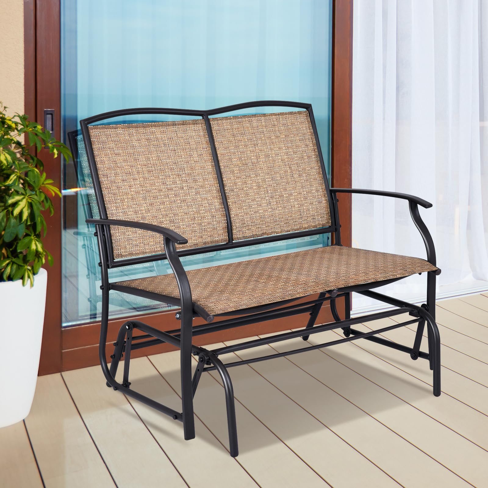 Giantex 2-Person Outdoor Patio Glider Bench - 400 lbs Capacity Steel Frame Swing Chair with Ergonomic Back Support & Premium Fabric - Brown Natural Style Loveseat for Garden, Porch, Deck & Backyard Relaxation