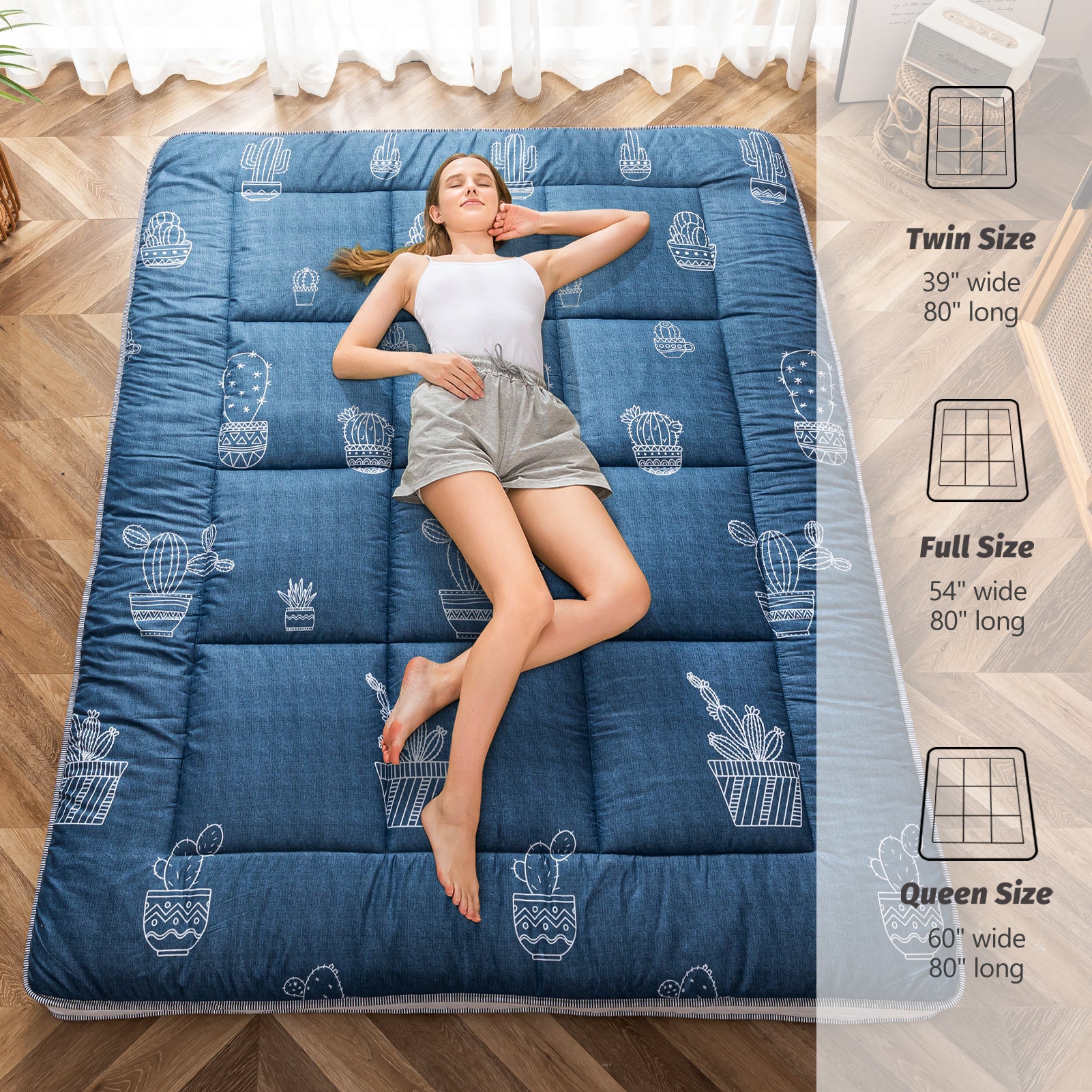 MAXYOYO Extra Thick Japanese Floor Futon Mattress - Grey Cactus Pattern Foldable Sleeping Pad for Guest Room, Camping & Small Space Living