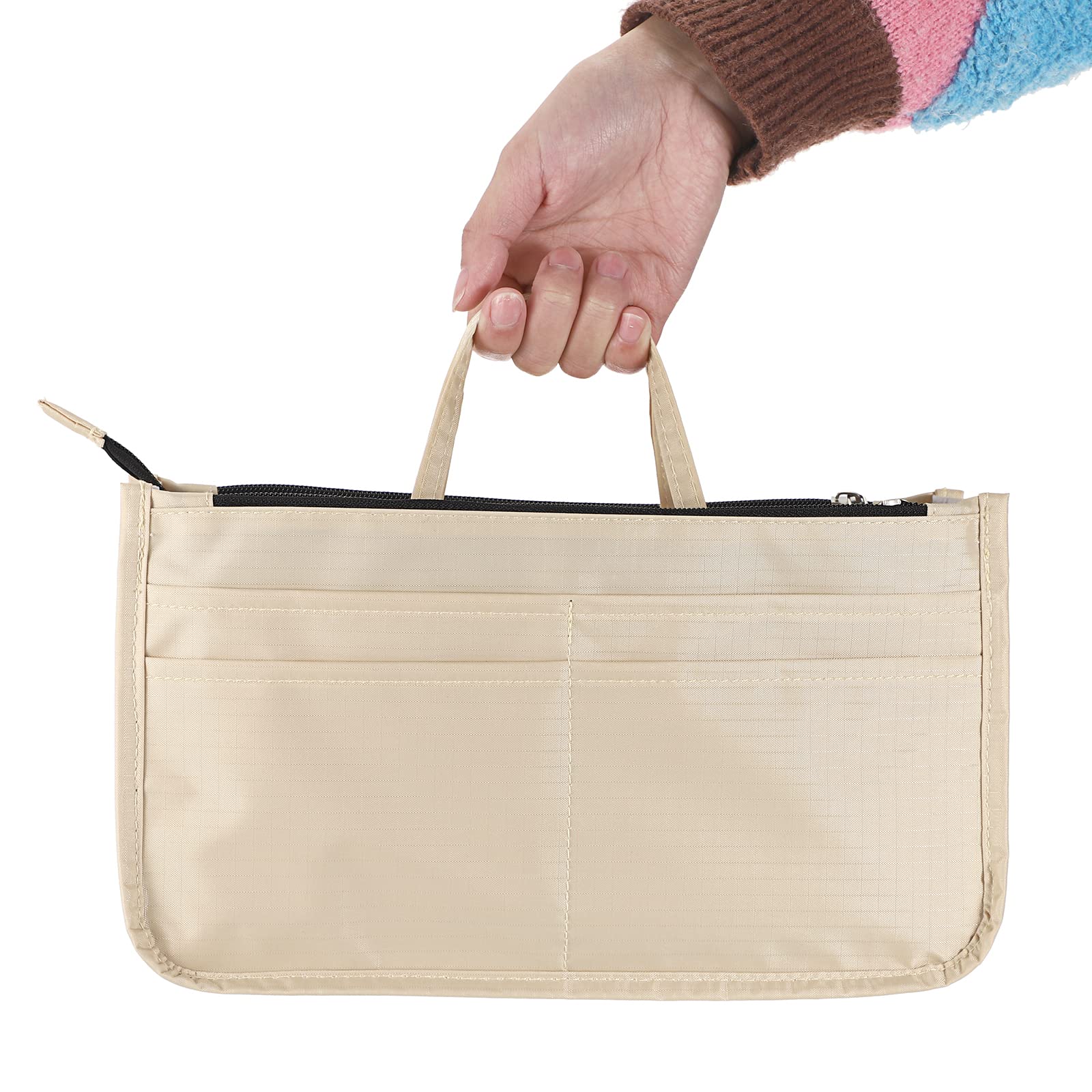 BTSKY Handbag Organizer Insert - 13 Pocket High Capacity Purse Organizer with Handle for Tote Bags, Beige | Perfect for Travel, Work & Daily Organization