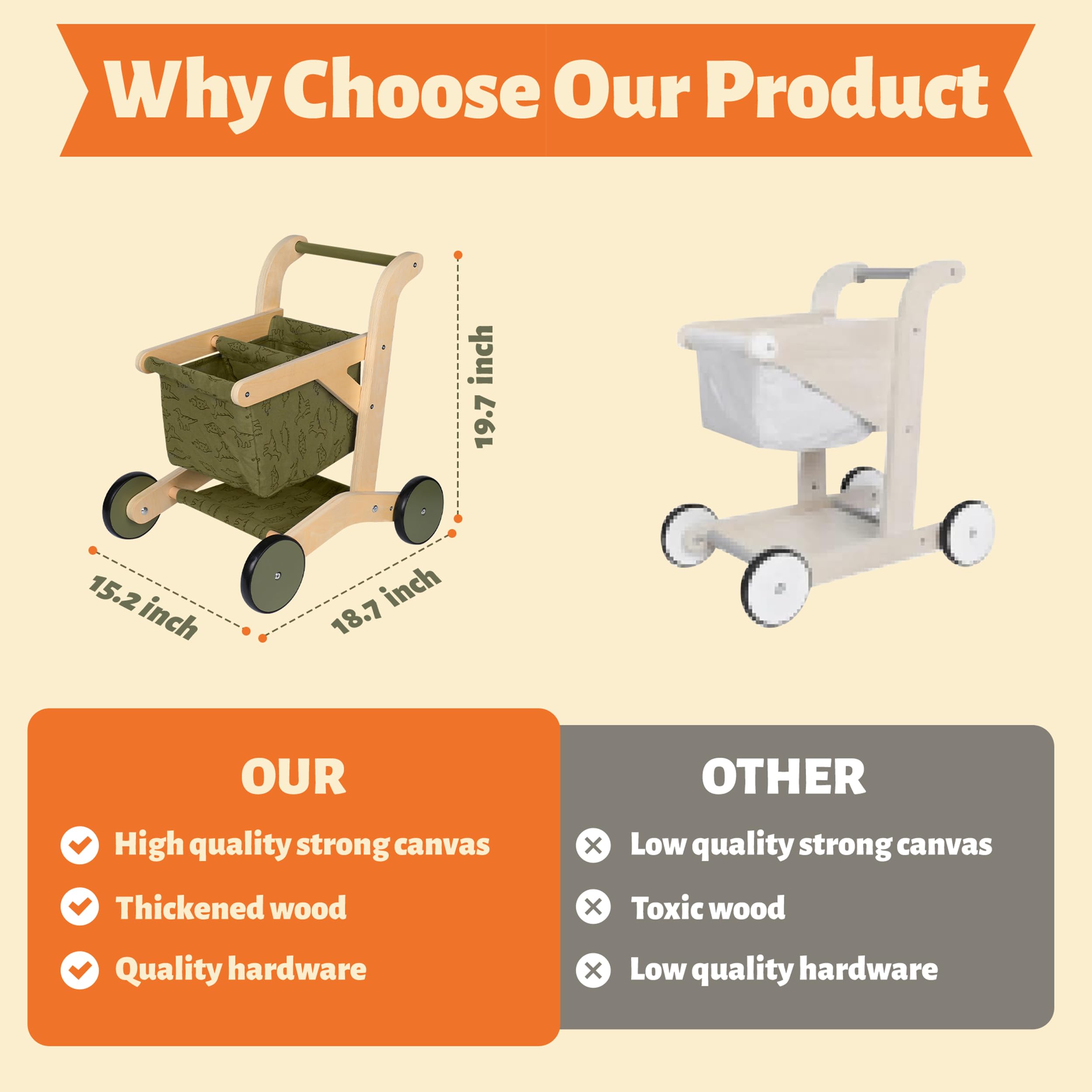 Kobkz Wooden Baby Walker & Push Toy for Toddlers - Natural Wood Learning Walker with Wheels, First Steps Assistant (Green) | Perfect for Early Walking Practice, Indoor Play & Montessori Learning