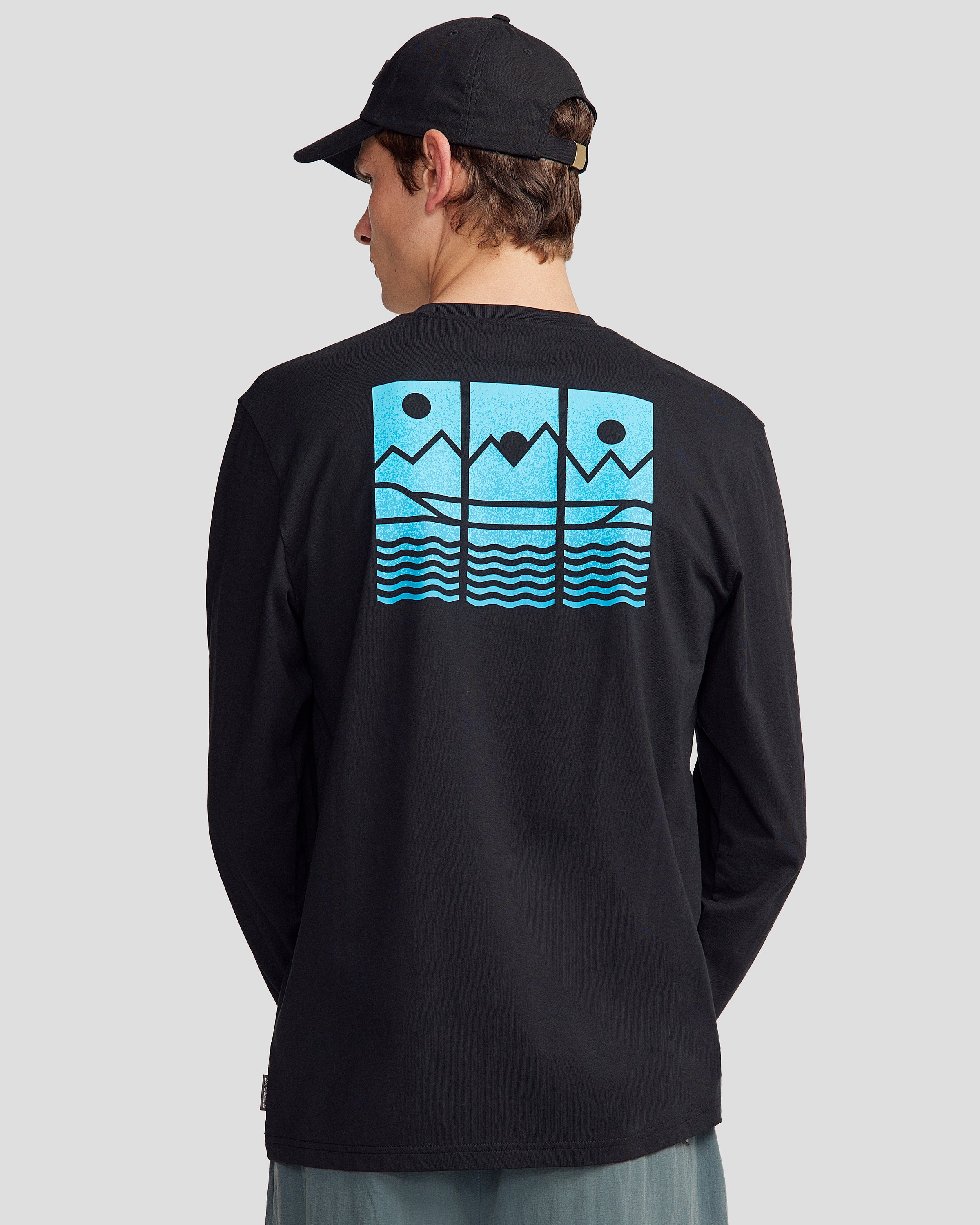 Men's Mountain Triptych Organic Cotton Long Sleeve T-Shirt - Black Stingray - Hiking, Camping & Outdoor Adventure Apparel