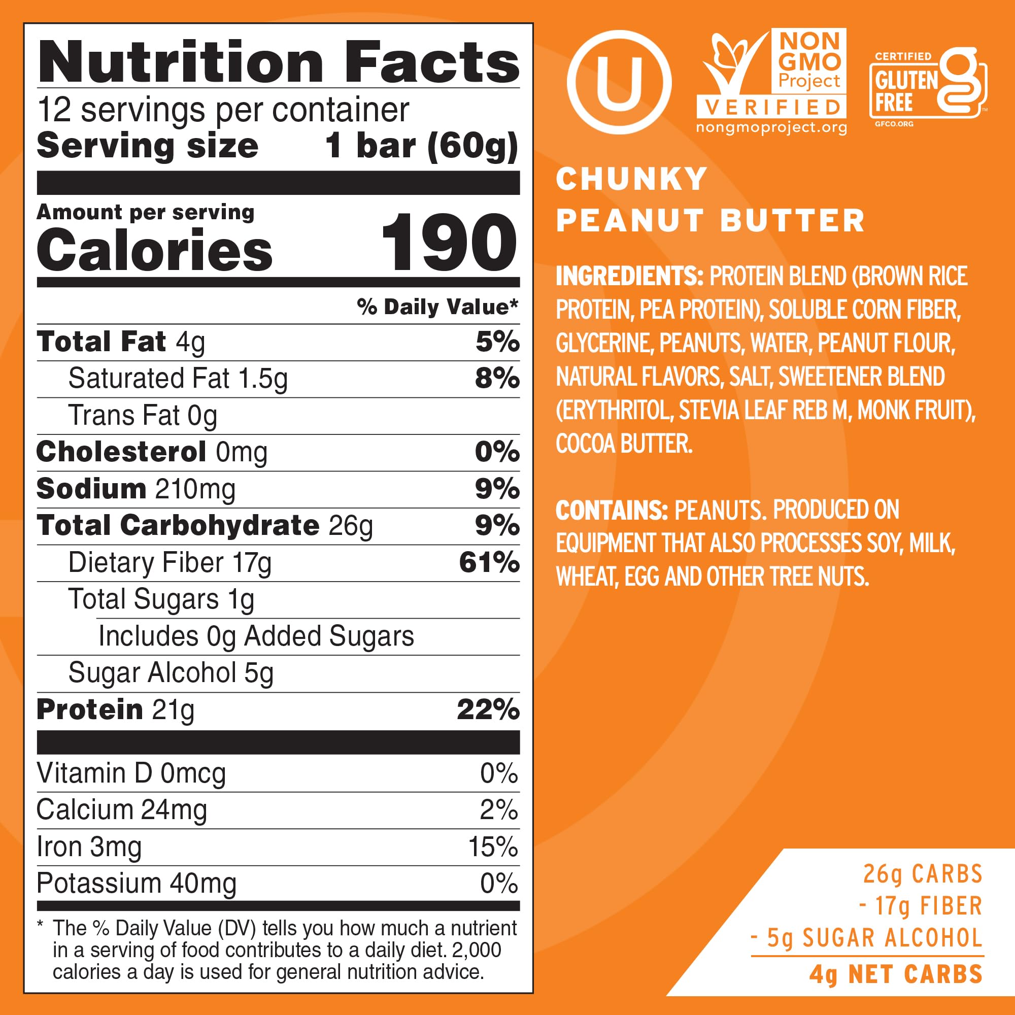 No Cow High Protein Bars, Chunky Peanut Butter - 20g Vegan Protein, Low Sugar, Keto, Dairy & Gluten Free, High Fiber Healthy Snacks (12 Count) | Perfect for Workout Recovery, On-the-Go Nutrition & Weight Management