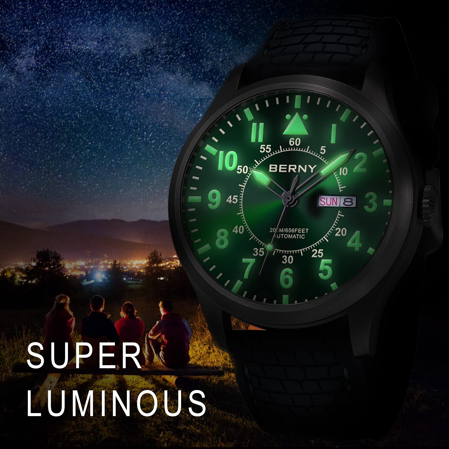 BERNY Men's Automatic Self-Winding Mechanical Watch - 20ATM Waterproof, Sapphire Crystal Glass, Super Luminous, Oversized Dial (No Battery Needed) - Perfect for Business, Casual Wear & Outdoor Activities
