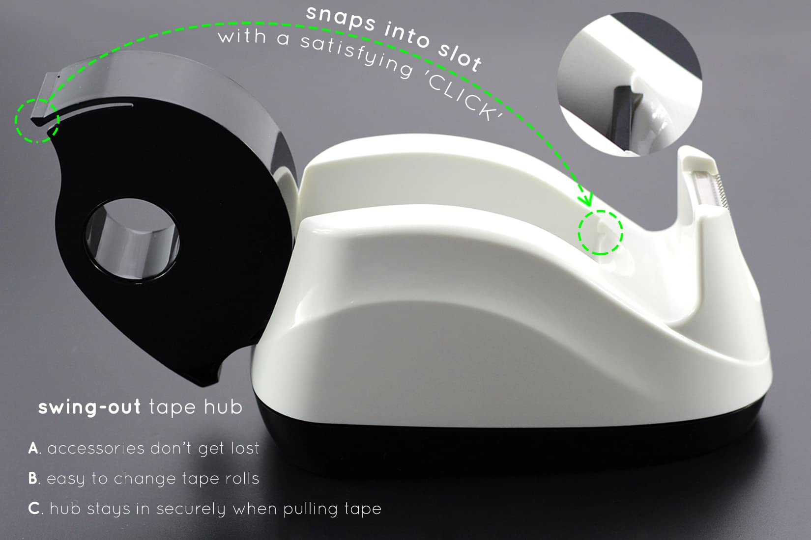 Heavy Duty Non-Slip Desk Tape Dispenser - One Hand Operation - White Office Supplies for Home, School & Office Organization