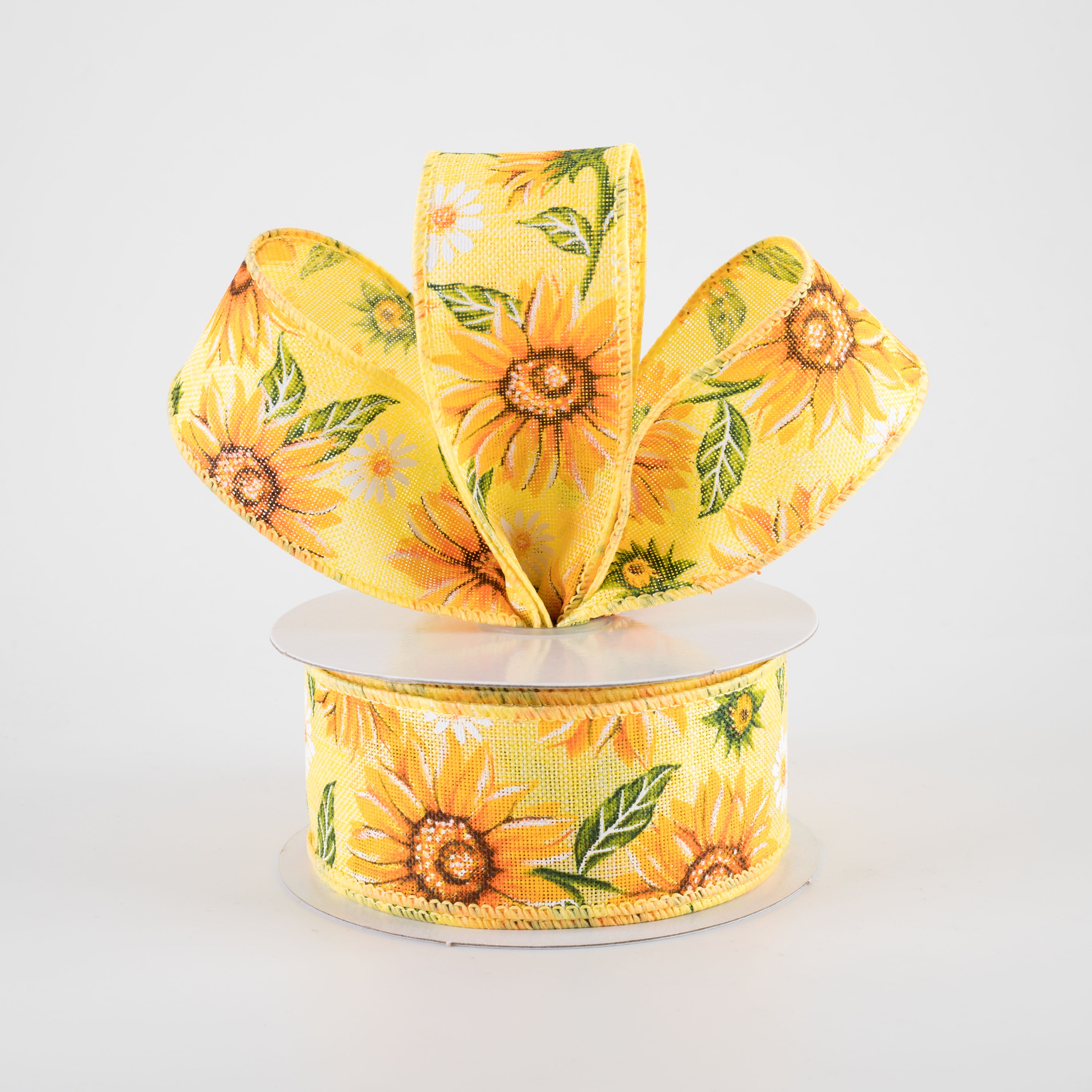 1.5 Inch Linen Sunflower & Daisy Ribbon - Yellow Floral Craft Ribbon (10 Yards) for DIY Wedding Decor, Gift Wrapping, and Hair Accessories