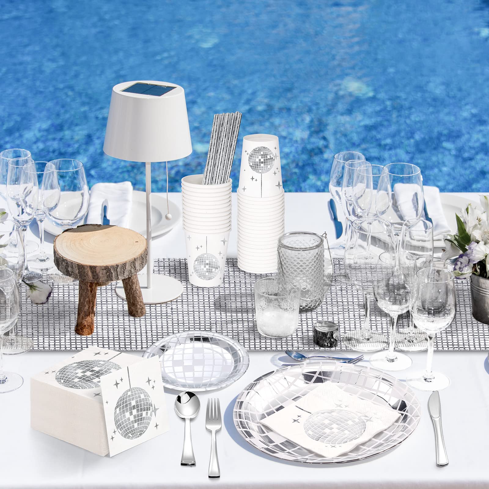 Marsui 201 Pcs Disco Ball Party Decorations Kit - 70s Theme Party Supplies with Glitter Table Runner, Disco Ball Plates, Napkins, Paper Cups & Straws for Birthday, New Year Celebrations (Silver) | Perfect for Themed Parties, Disco Nights & Retro Events