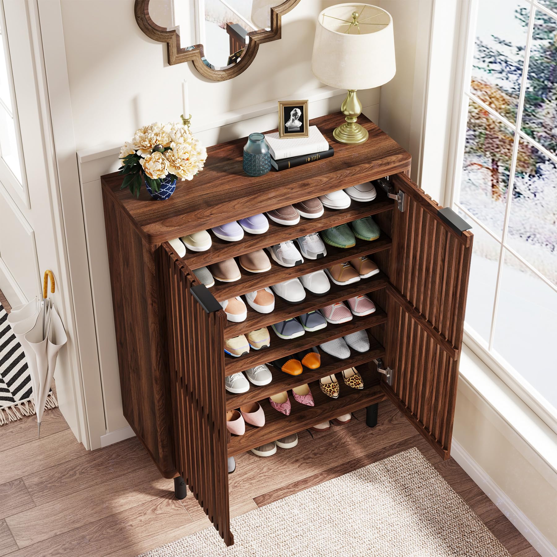 Tribesigns 6-Tier Wooden Shoe Storage Cabinet with Shutter Doors - Adjustable Shelves Freestanding Shoe Organizer for Entryway, Hallway, Closet - Modern Home Organization Solution (Walnut) | Perfect for Small Spaces & Shoe Lovers