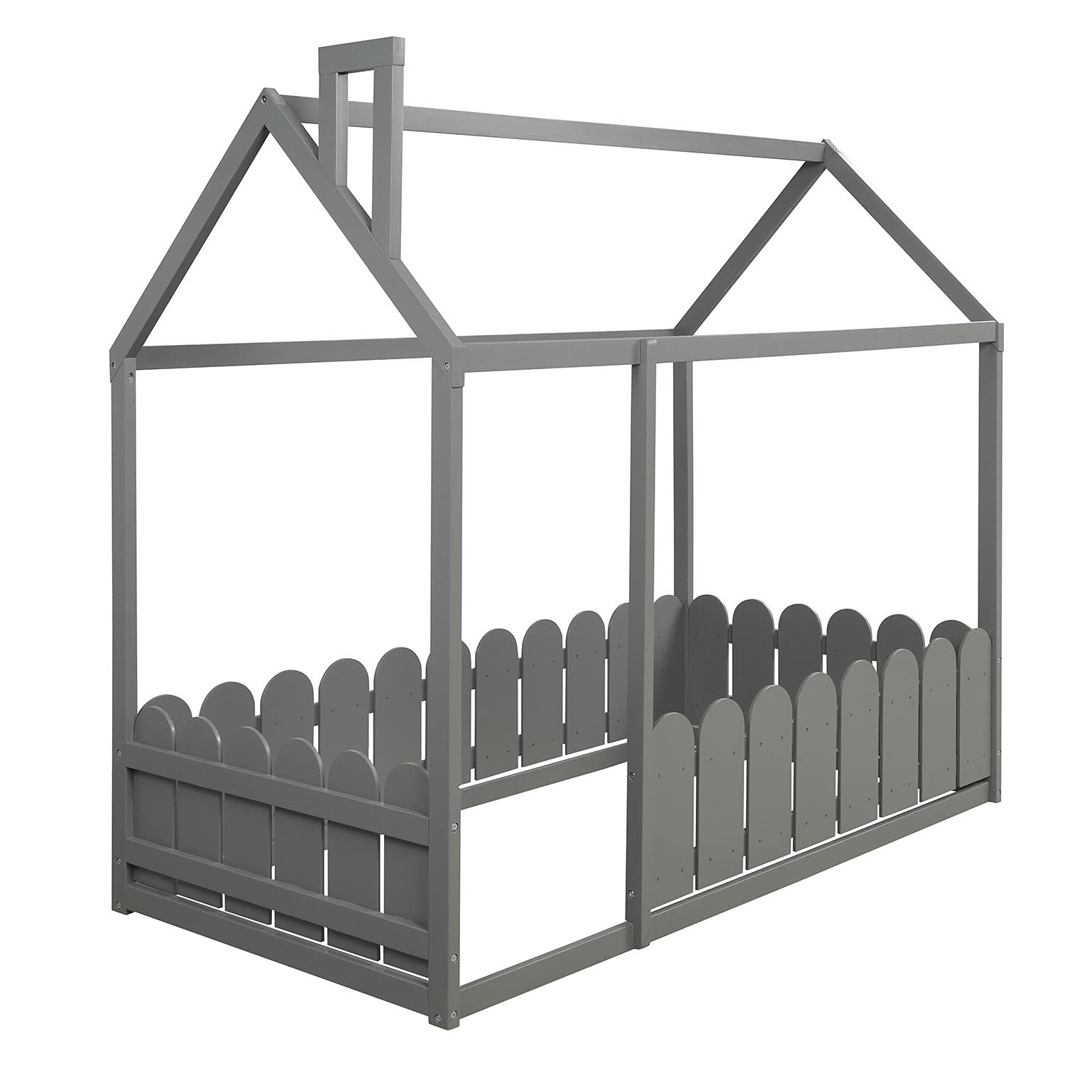 **House-Shaped Wooden Kids Bed Frame with Safety Fence for Toddlers, Children & Teens - Twin Size, Gray - No Weight Limit, Box Spring Required - Perfect for Nursery, Bedroom & Playroom**