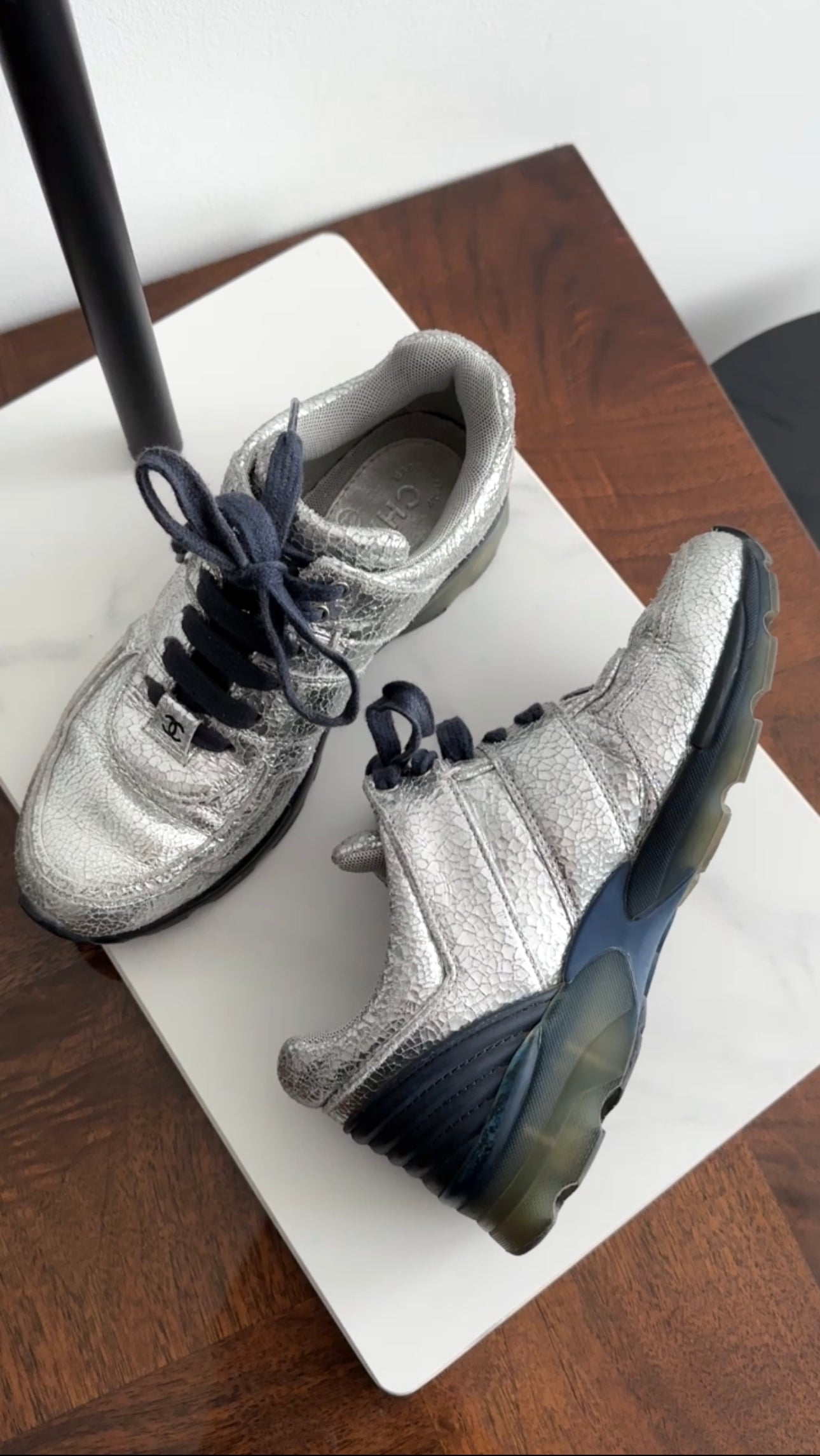 Chanel Silver Crackle Leather and Navy Sneakers Size 36 - Luxury Women's Fashion Sneakers for Casual Wear & Street Style