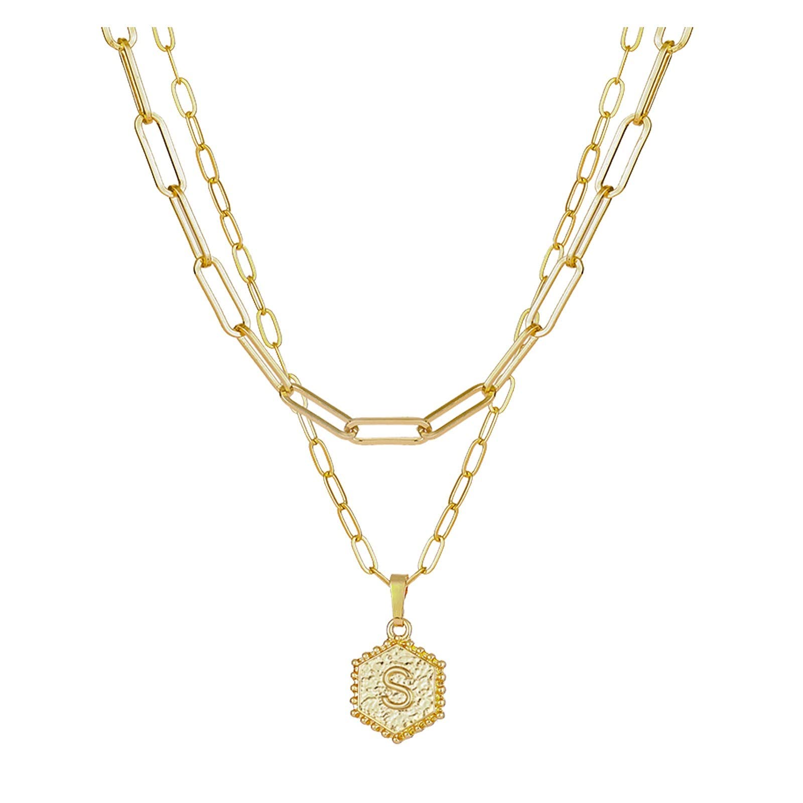 Women's Y-Necklace Gold Letter Pendant Choker - Trendy Hexagon Paper Clip Double Necklace Set (26 Pendants) | Dainty Jewelry for Girls & Teens | Perfect for Date Night, Party Accessories & Everyday Wear
