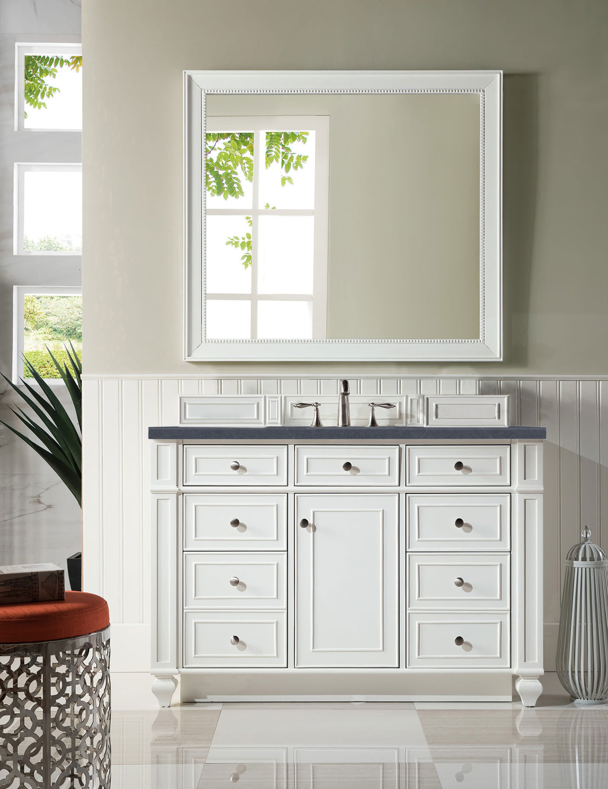 Bristol 48-Inch Single Bathroom Vanity Set with Bright White Finish & 3CM Charcoal Soapstone Quartz Countertop – Perfect for Modern Master Bathrooms and Powder Rooms