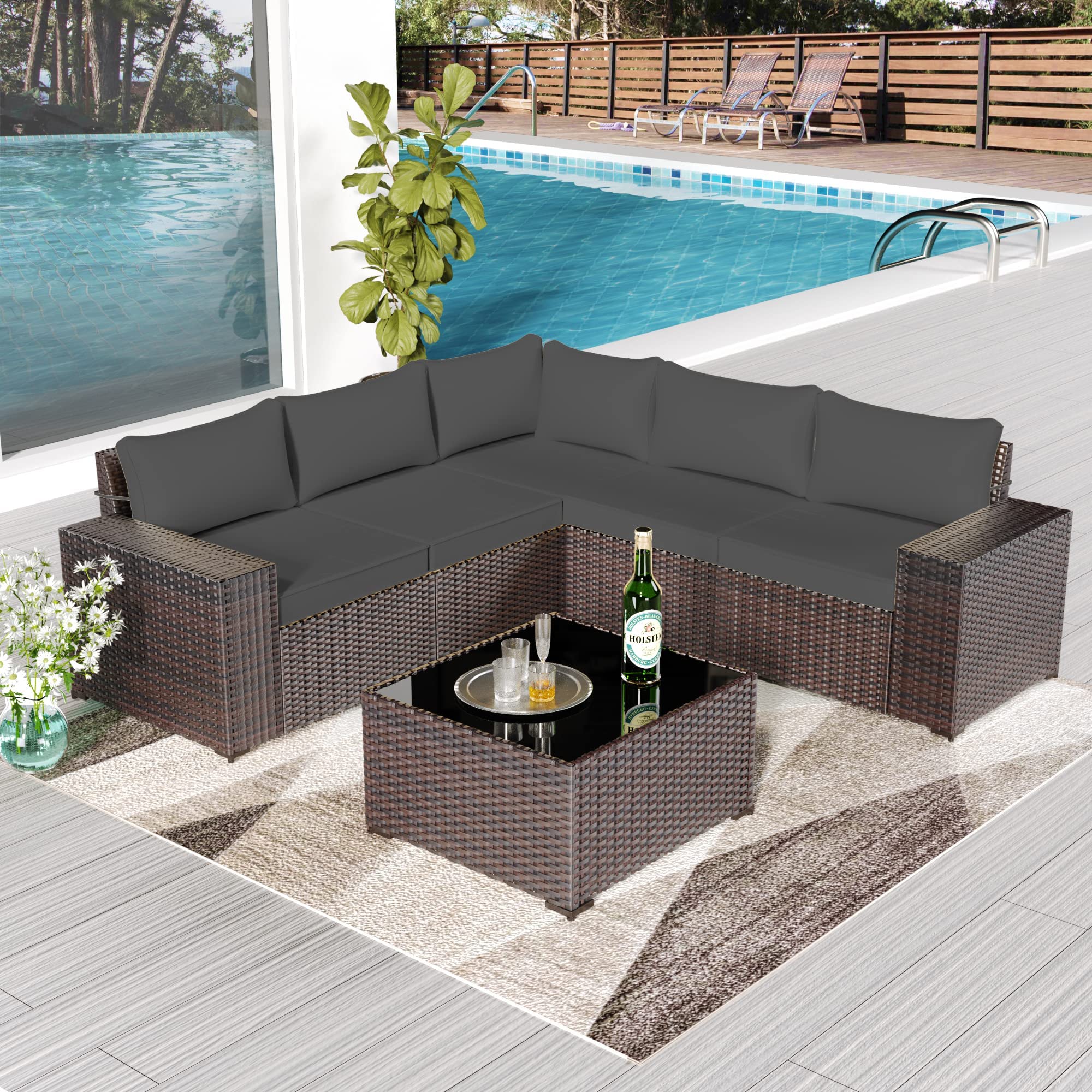 6-Piece Outdoor Patio Furniture Set - All-Weather PE Wicker Modular Sectional Sofa with Coffee Table & 5 Chairs (Grey) - Perfect for Backyard, Garden, Poolside & Deck Relaxation