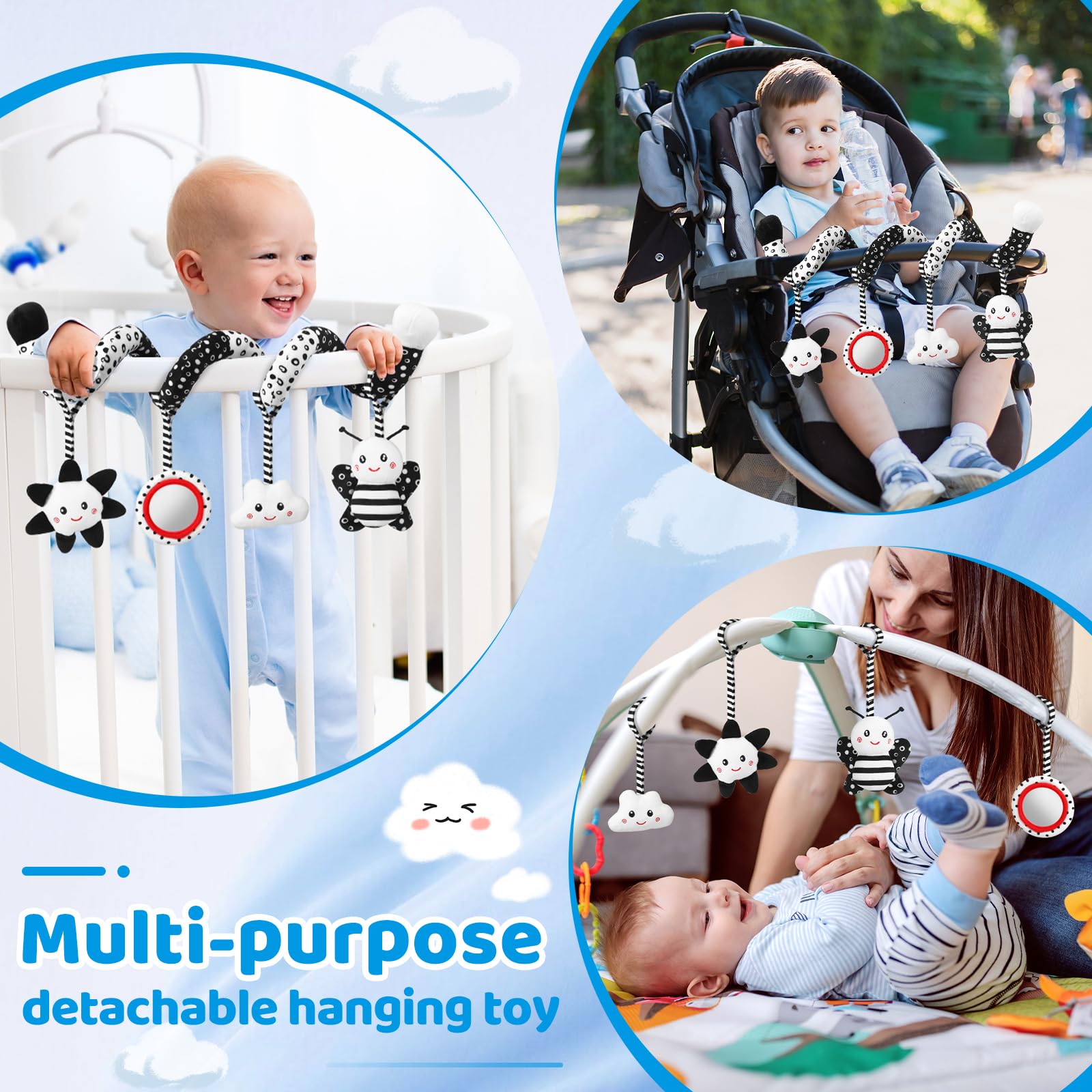Best Black and White High Contrast Baby Toys for 0-6 Months - Hanging Car Seat & Stroller Toys for Newborn Brain Development - Perfect Crib Mobile & Infant Gift for Playtime and Travel