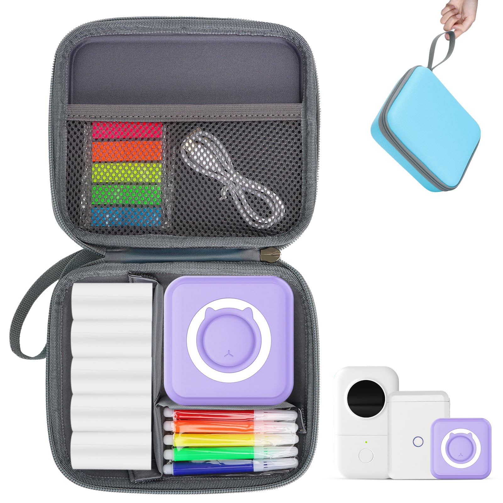 Phomemo T02/Memoking/HUIJUTCHEN Mini Sticker Printer Carrying Case - Portable Hard Travel Storage Box for Label Maker & Thermal Printer Paper (Blue) - Perfect for Home, Office, Travel & Craft Organization