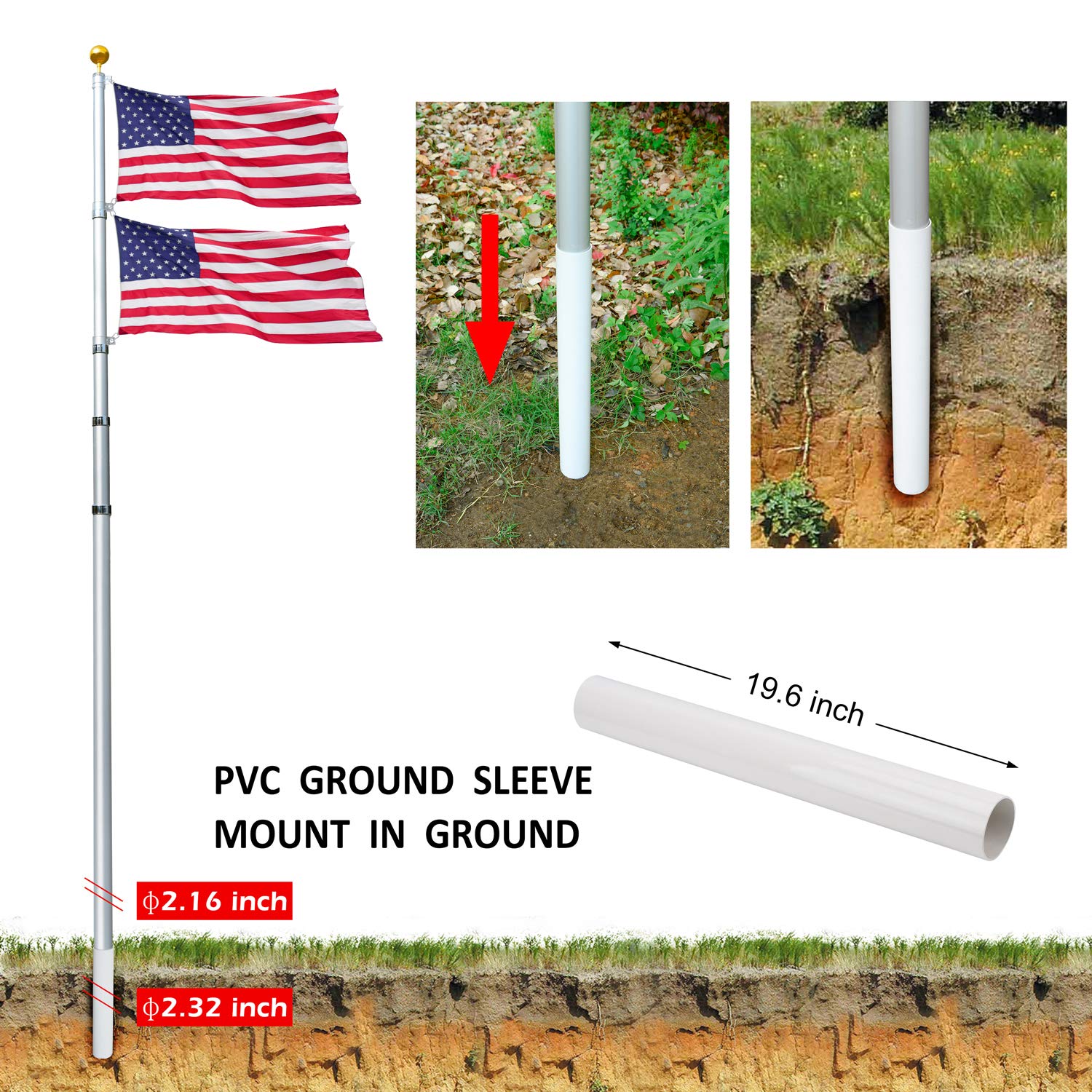 **30Ft Heavy Duty Aluminum Telescoping Flag Pole Kit - 14 Gauge, 2 Flags Capacity with 3x5 American Flag & Golden Ball Top - Ideal for Commercial, Residential, Schools & Patriotic Events**