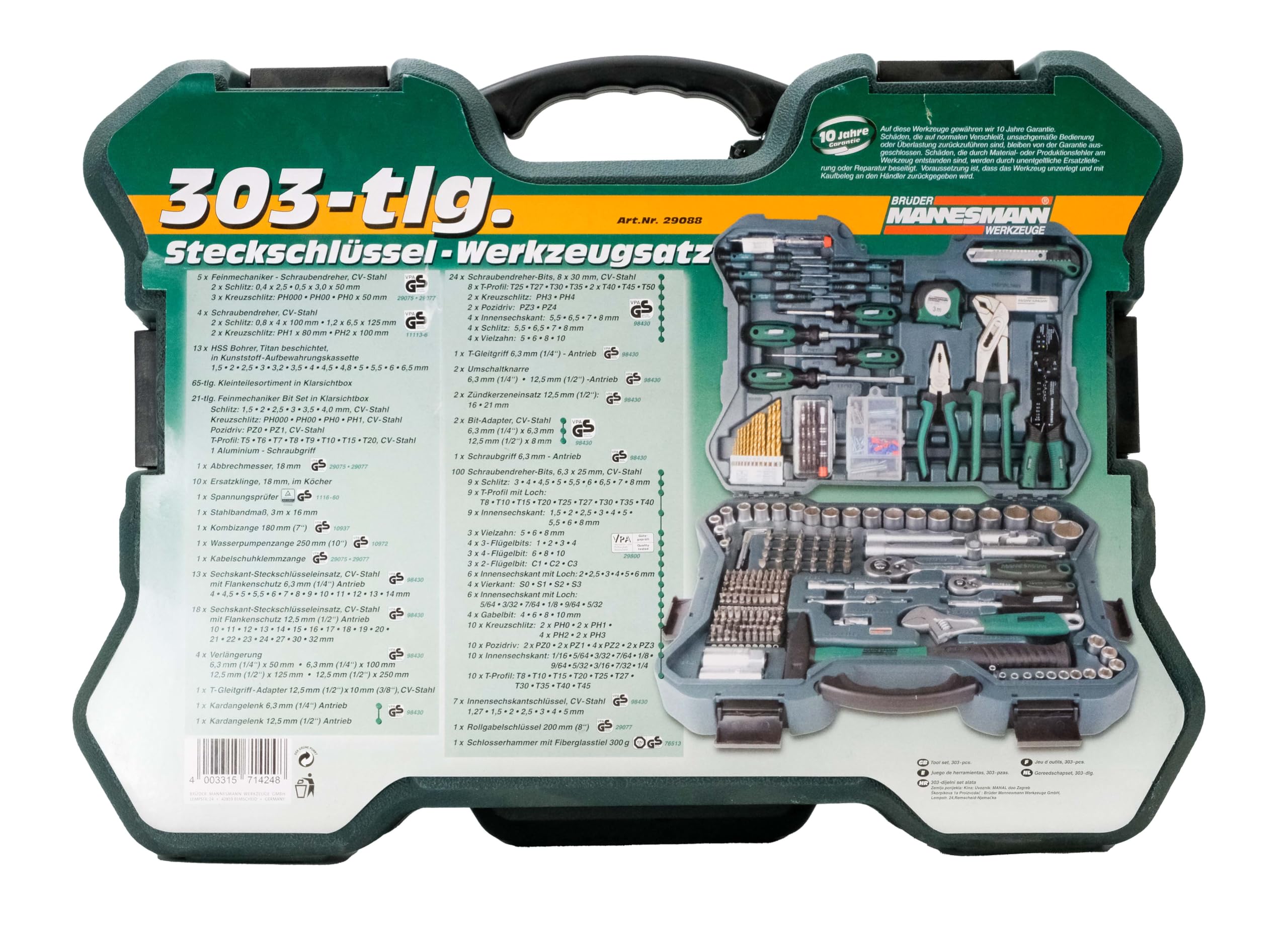 Brder Mannesmann 303-Piece Tool Set - Complete Home & Auto Repair Kit for DIY Projects, Maintenance, and Emergency Fixes