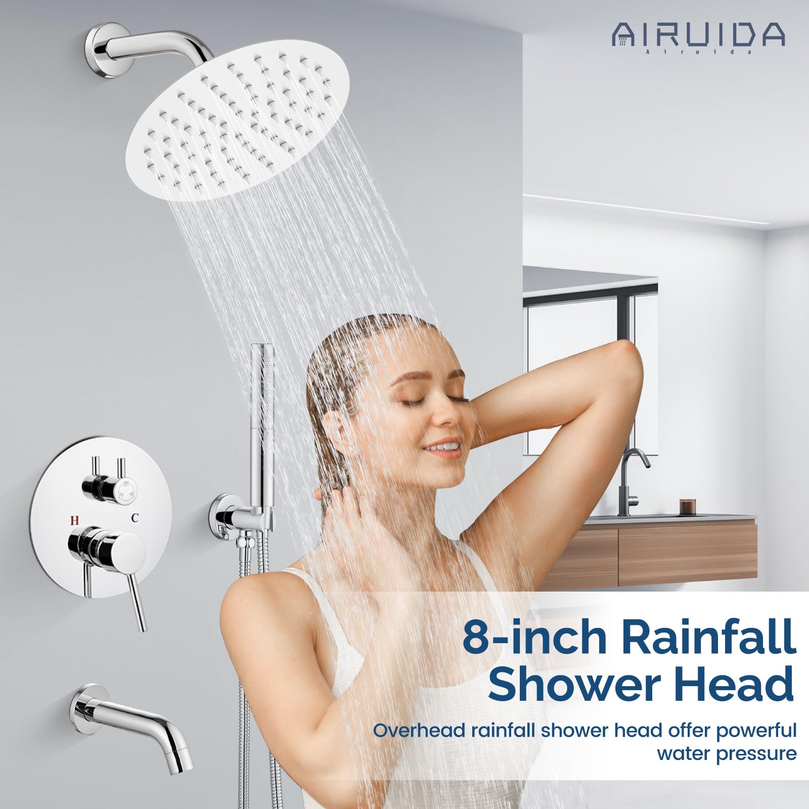 Airuida 8-Inch Round Shower System Set - 3-Function Wall Mount Rain Shower Faucet with 2-Function Handheld & Tub Spout - Chrome Polish Finish for Bathroom & Tub Shower Combo - Perfect for Modern Home & Spa Experience