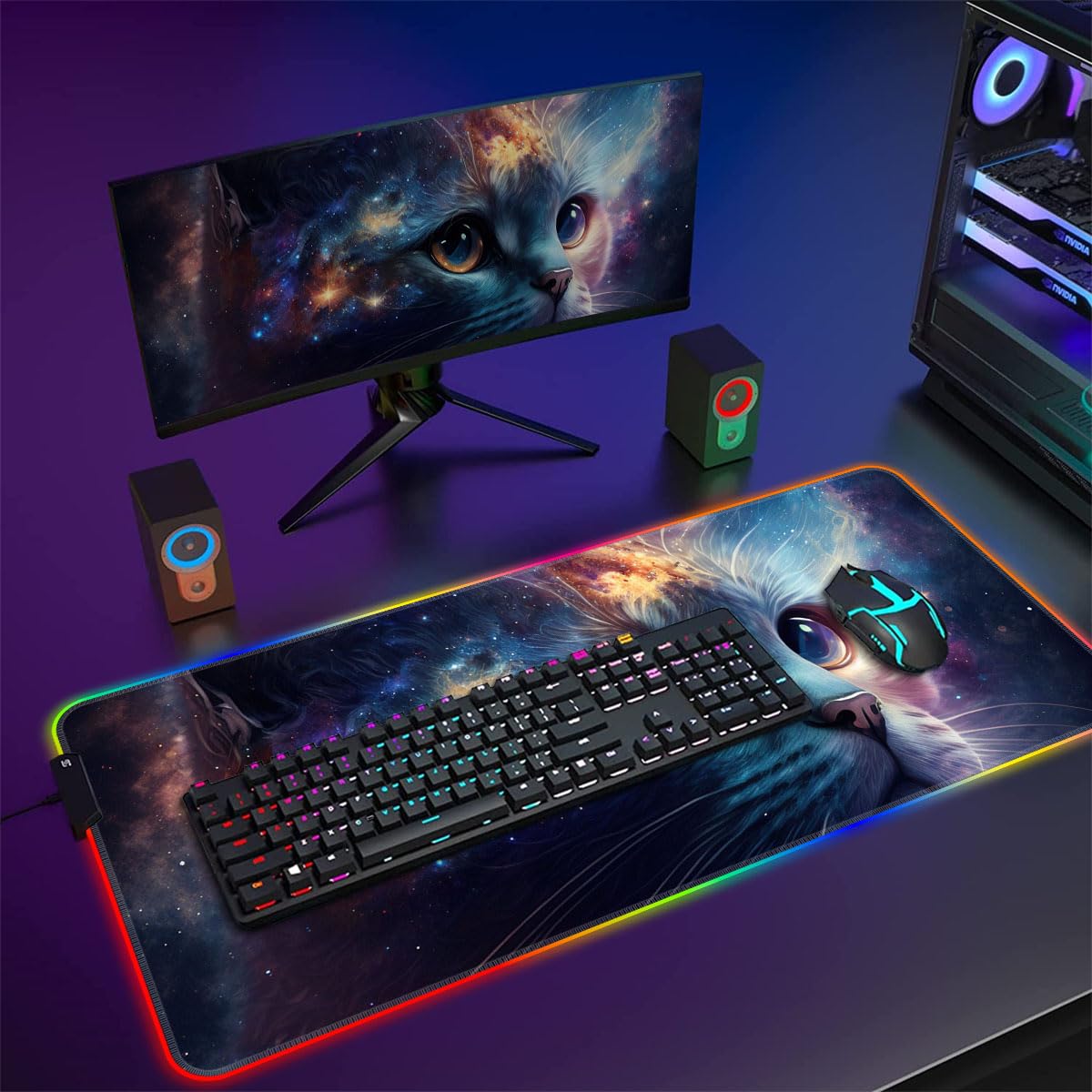 ROG Gaming Mouse Pad with LED Lights, Large Waterproof Keyboard Mouse Pad (60 x 35 x 0.3 cm) - Cat Design Desk Mat for Office & PC Gaming - Perfect for Esports, Work, and Home Computer Setup