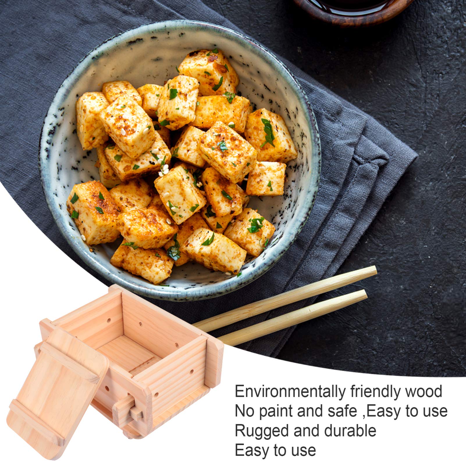 DOITOOL Wooden Tofu Press & Cheese Press - Manual Feta, Soybean Curds, Goat Cheese, Paneer & Vegan Nut Cheese Maker (22.5x19.5x10.5cm) for Home Kitchen, DIY Cheese Making & Healthy Vegan Cooking